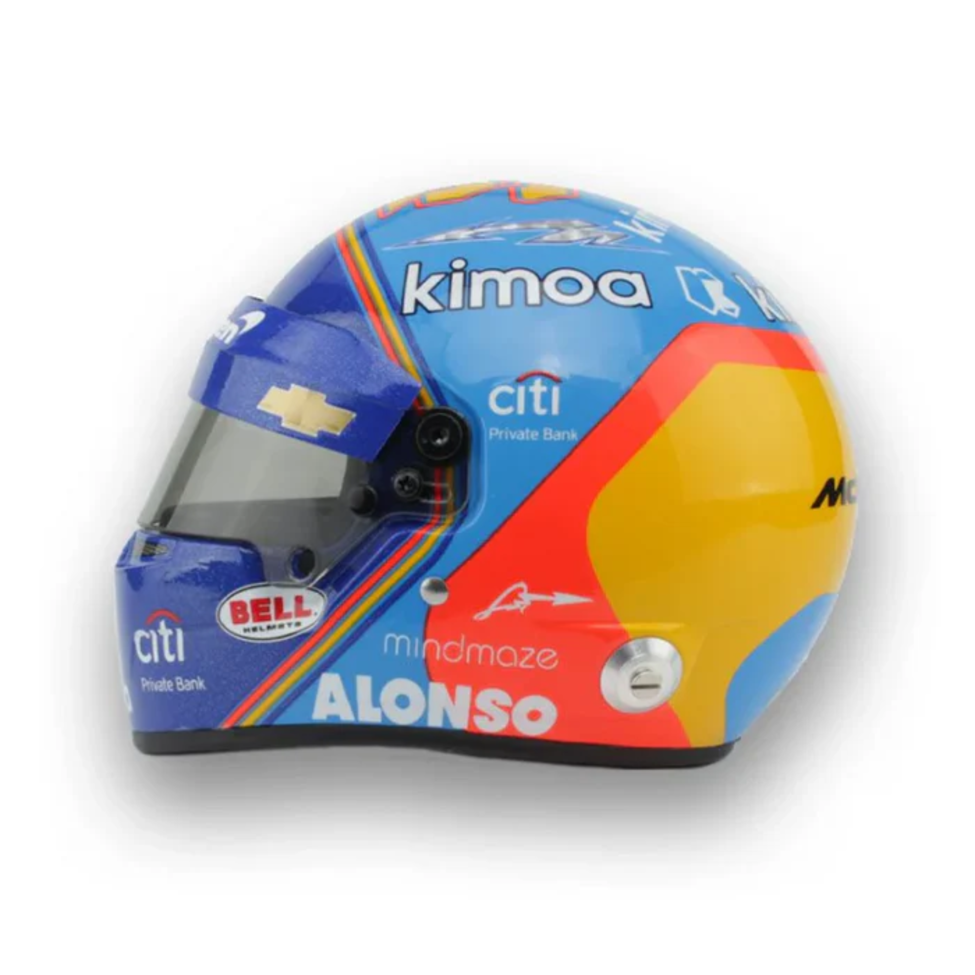 The side of the Fernando Alonso 2019 Indy Mini Bell Helmet from Bell.