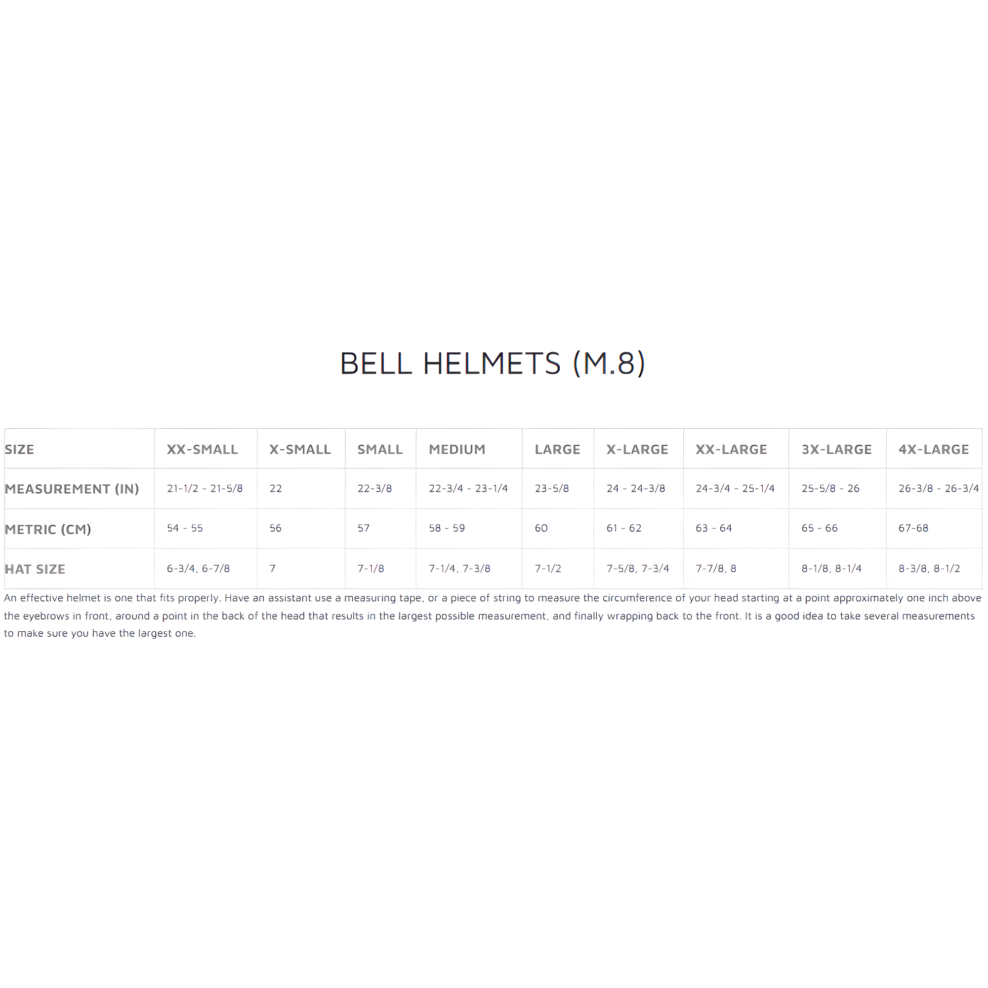 The Bell Helmets size guide for the M.8 helmet. all-groups