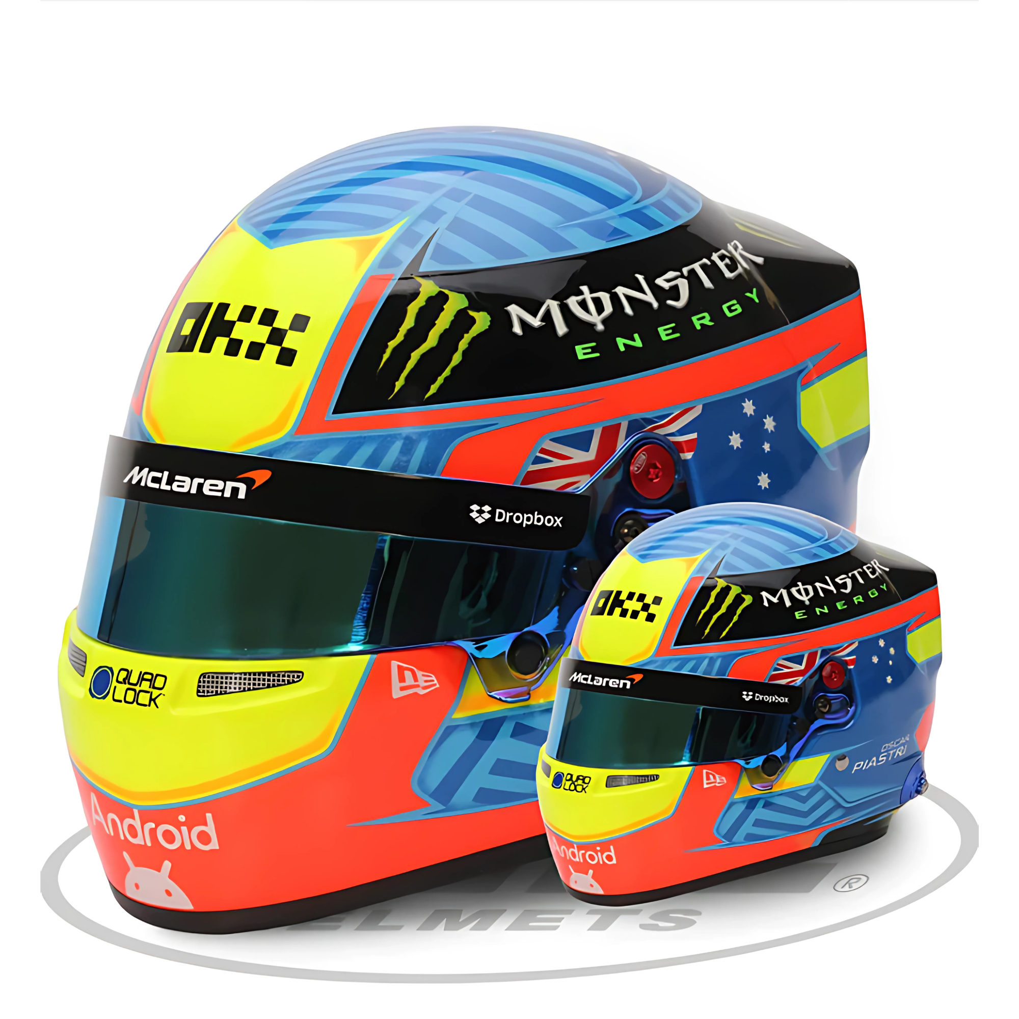 The Oscar Piastri 2024 Mini Bell Helmet from Bell, a half-scale replica of the 2024 McLaren driver's helmet.