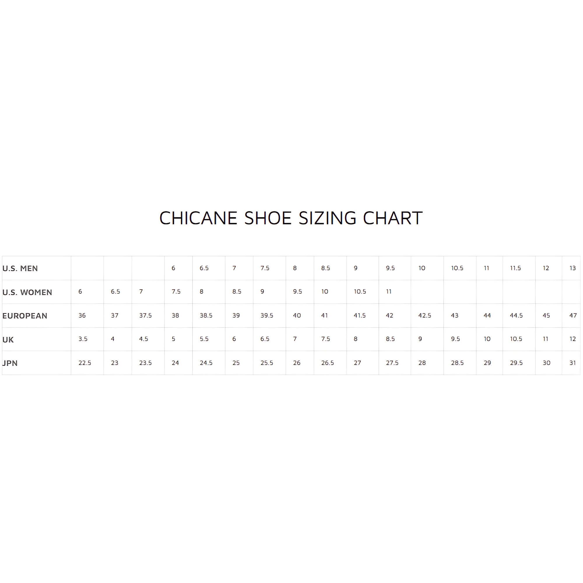 The Chicane shoe sizing chart. all-groups