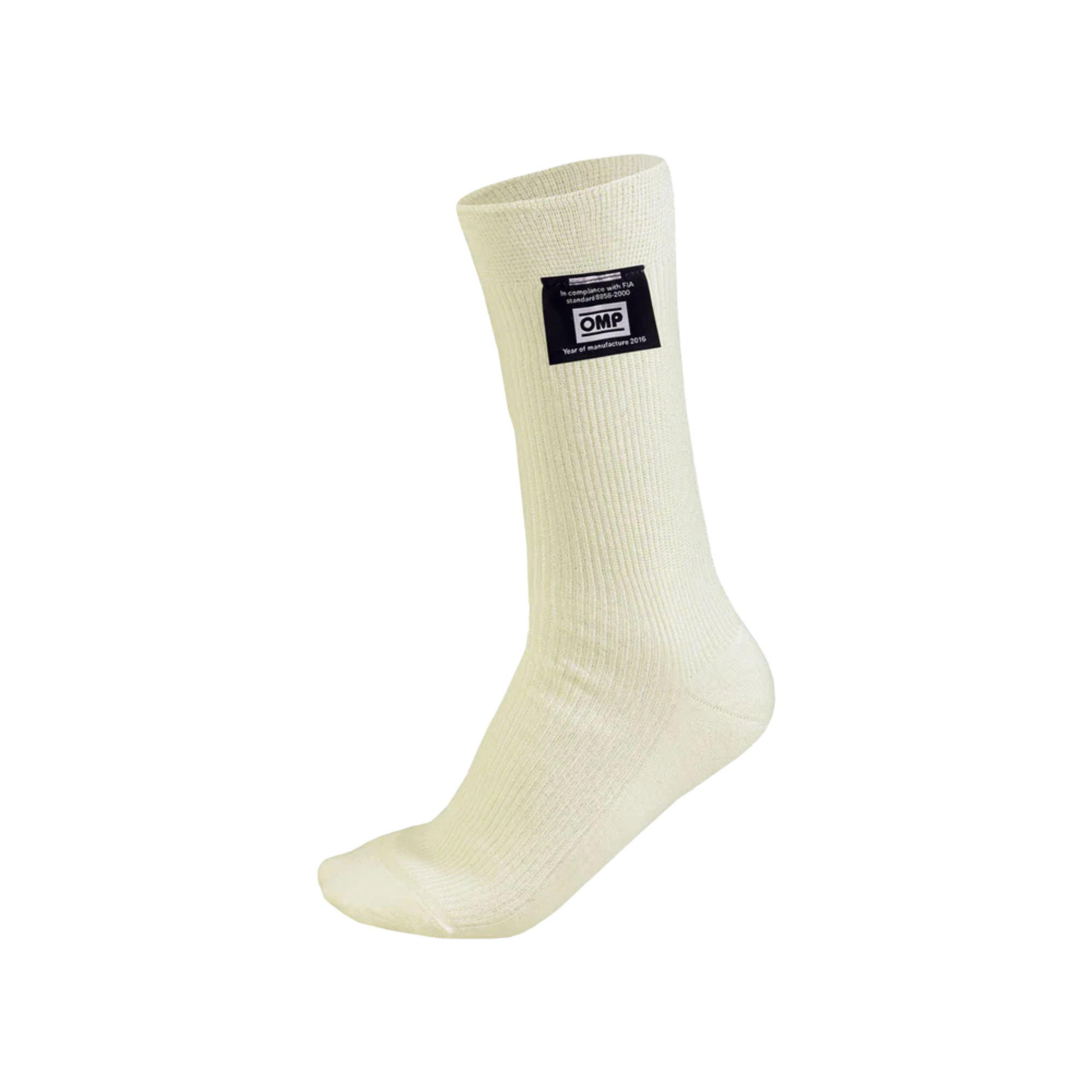 The white OMP FIA Racing Socks - Crew Length from OMP.