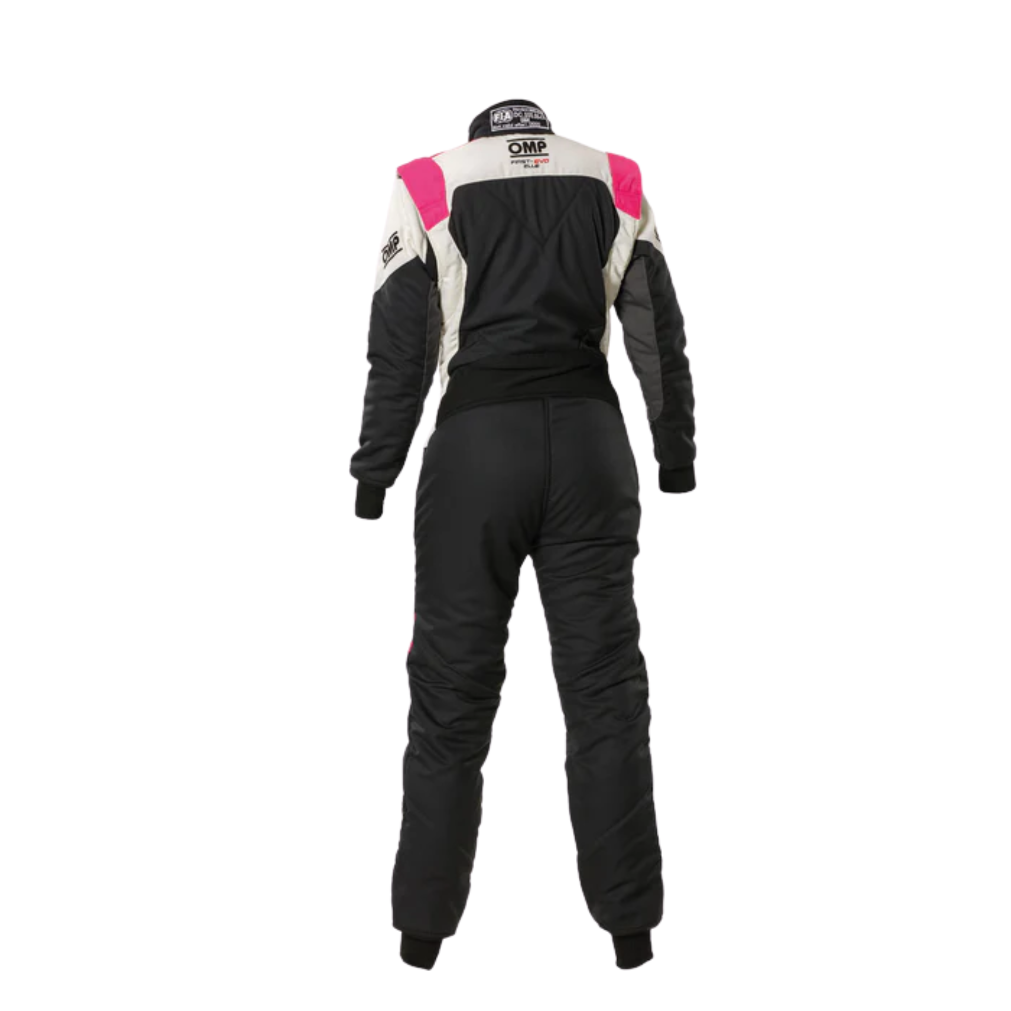 The back of the black and fuchsia OMP First Evo Elle Women's Racing Suit from OMP.