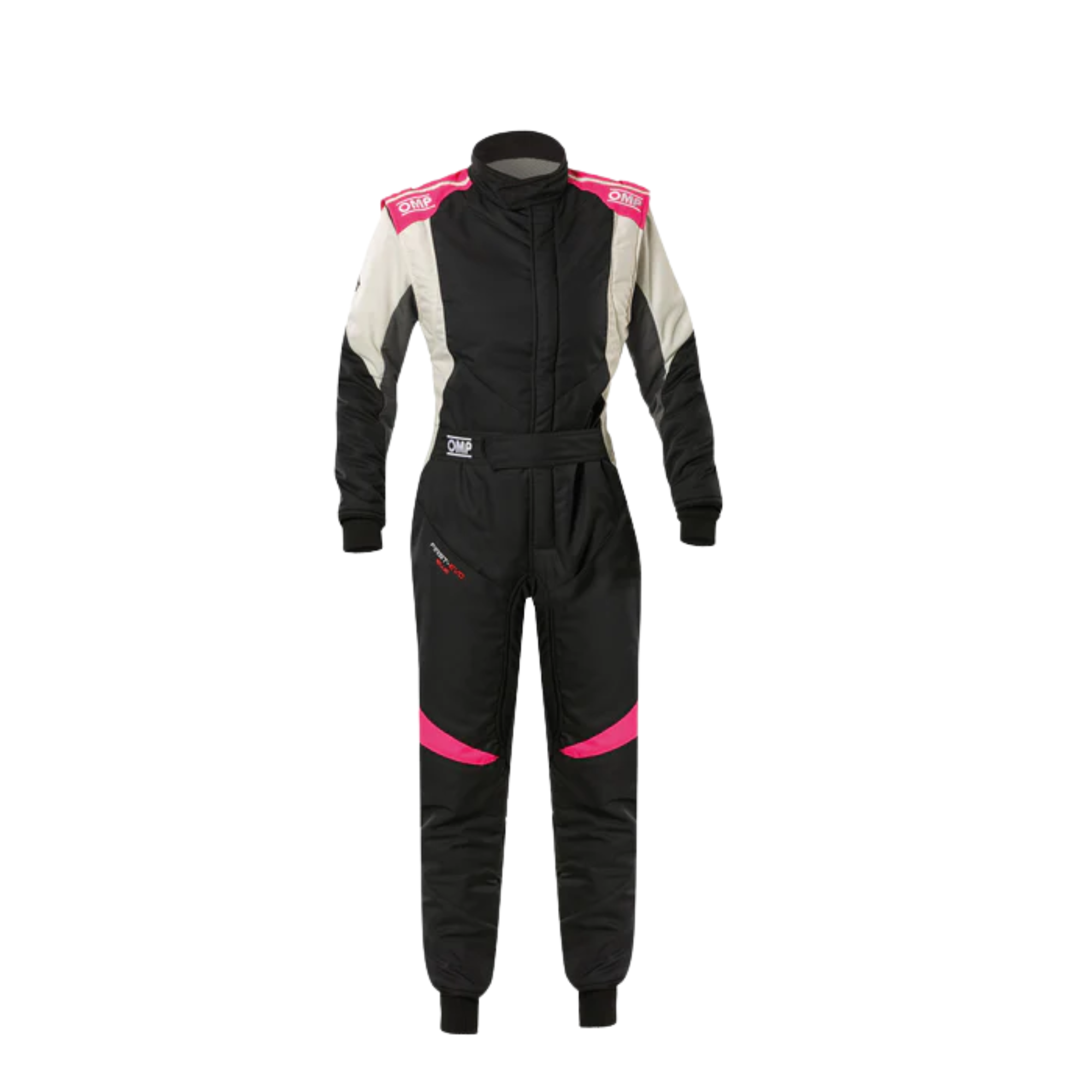 The front of the black and fuchsia OMP First Evo Elle Women's Racing Suit from OMP.