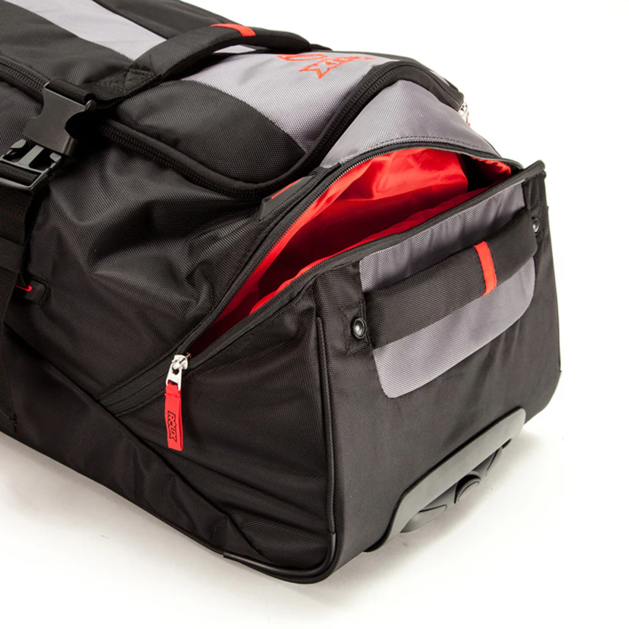 The side of the black, gray and red Roux GT 36" Gear Bag from Roux.