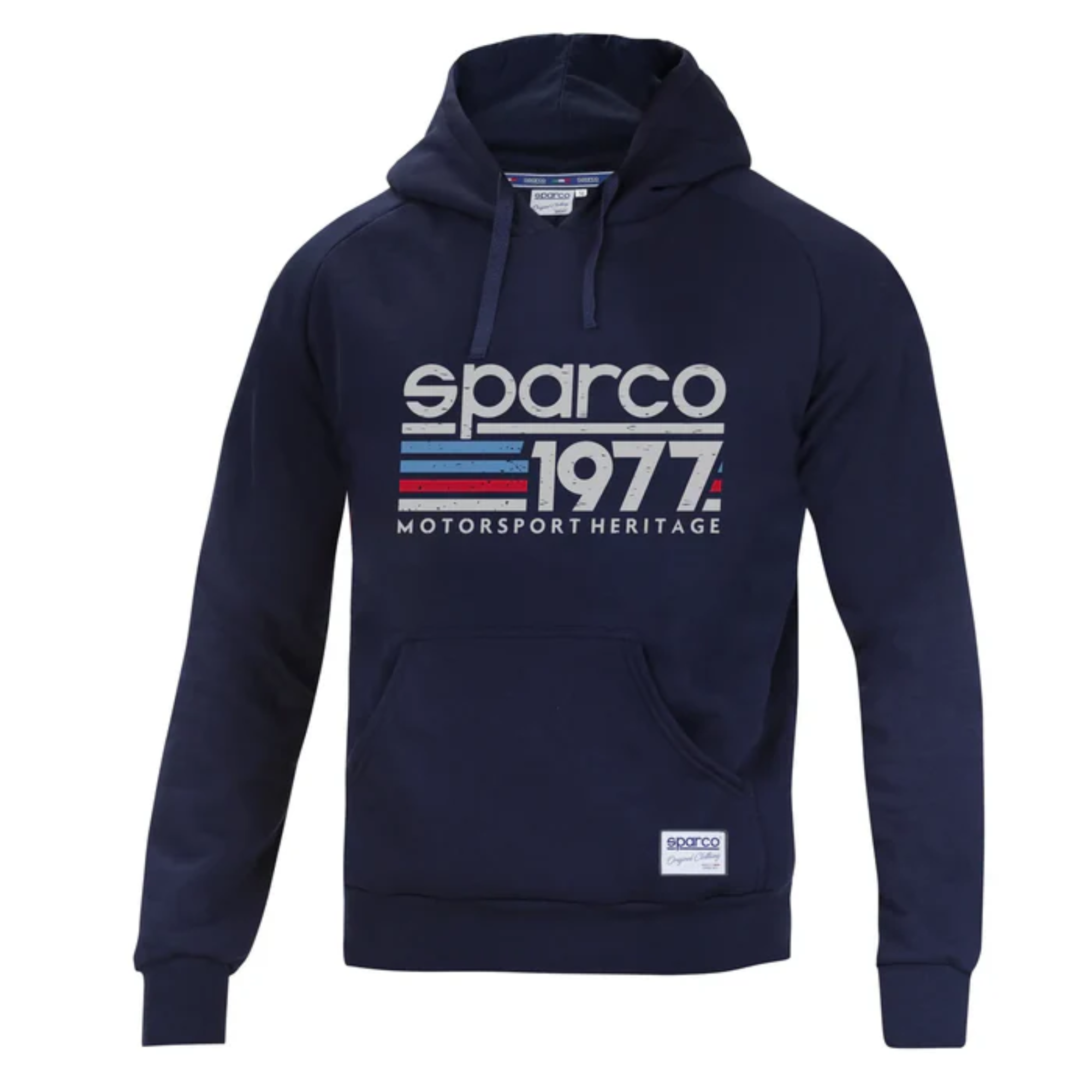 The front of the navy blue Sparco 1977 Hoodie from Sparco.