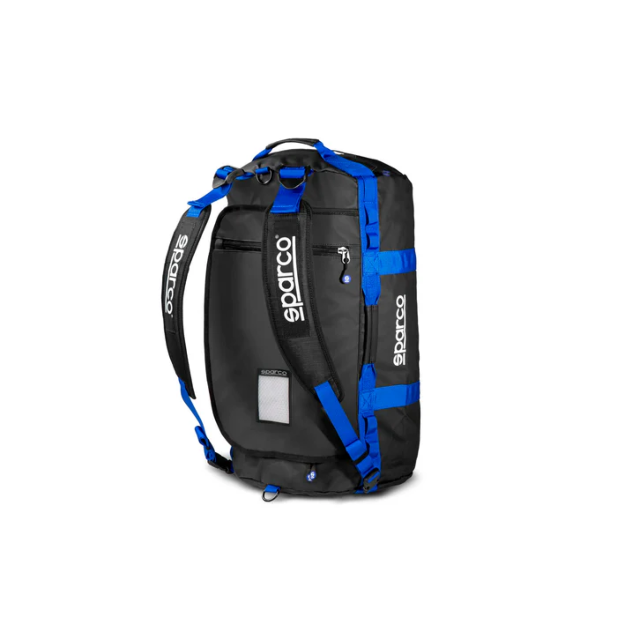 The back of the black and blue Sparco Dakar Small Duffel Bag from Sparco showing the shoulder straps.