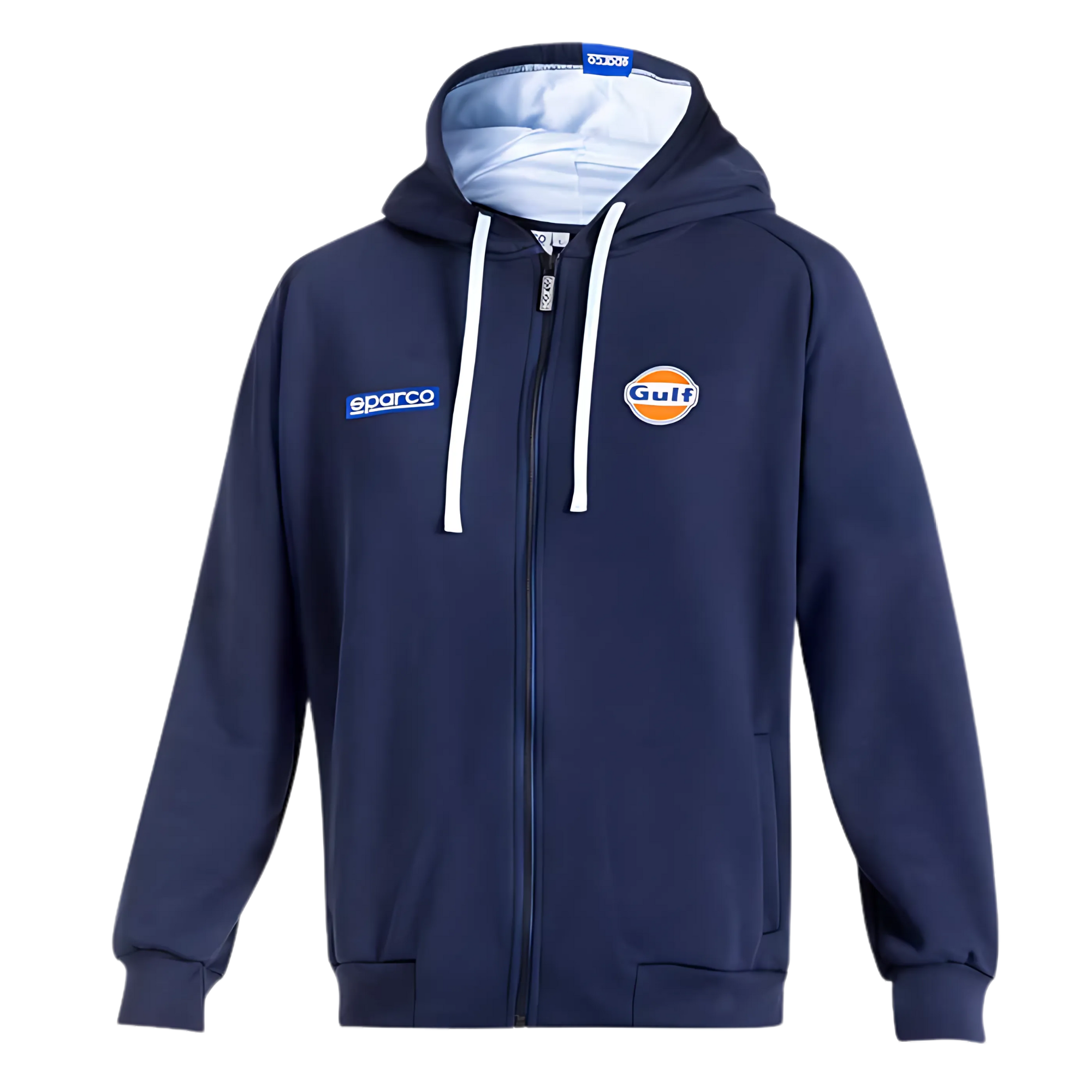 The front of the navy Sparco Gulf Hooded Full Zip Sweatshirt form Sparco.
