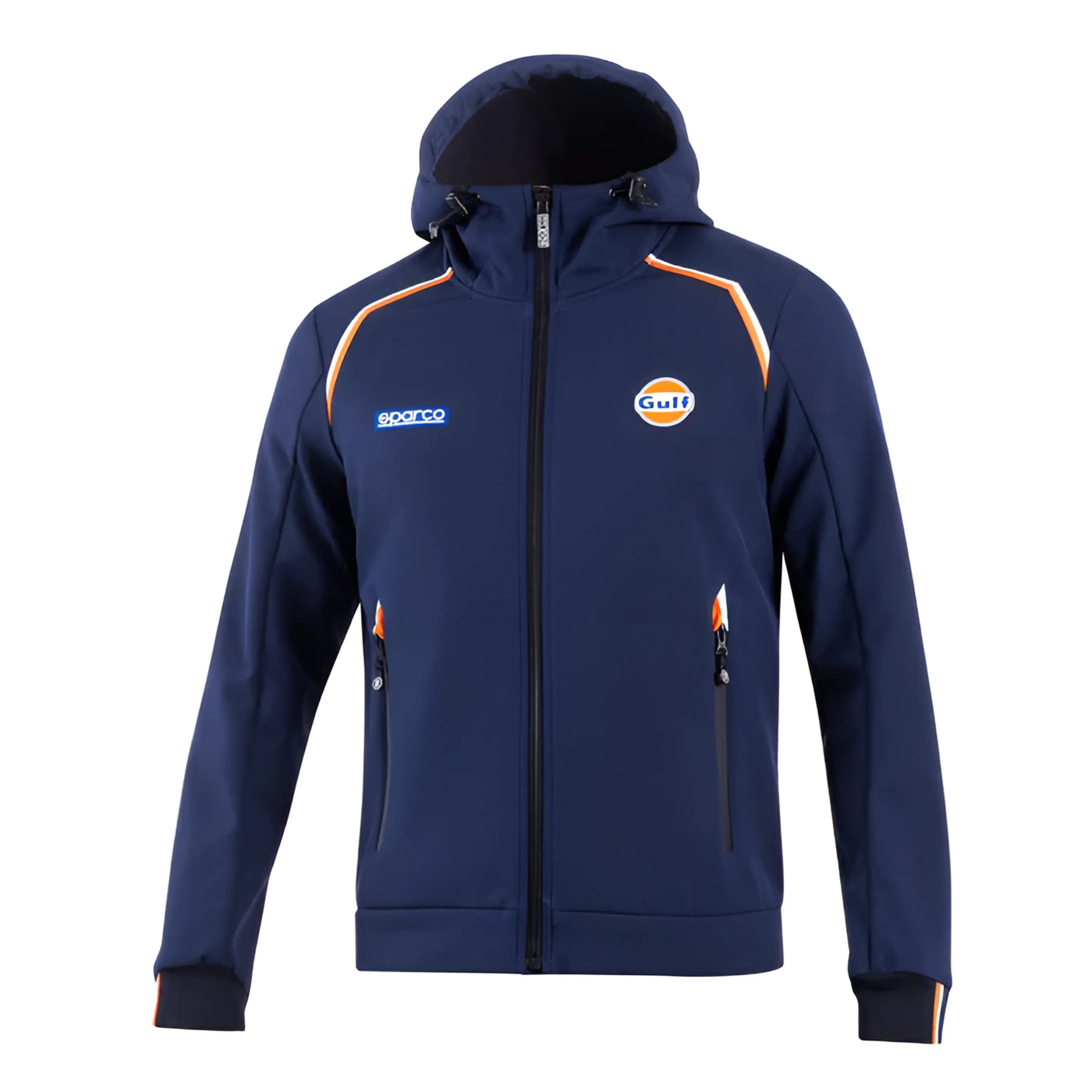 The front of the navy blue Sparco Gulf SL Hooded Softshell Jacket from Sparco.