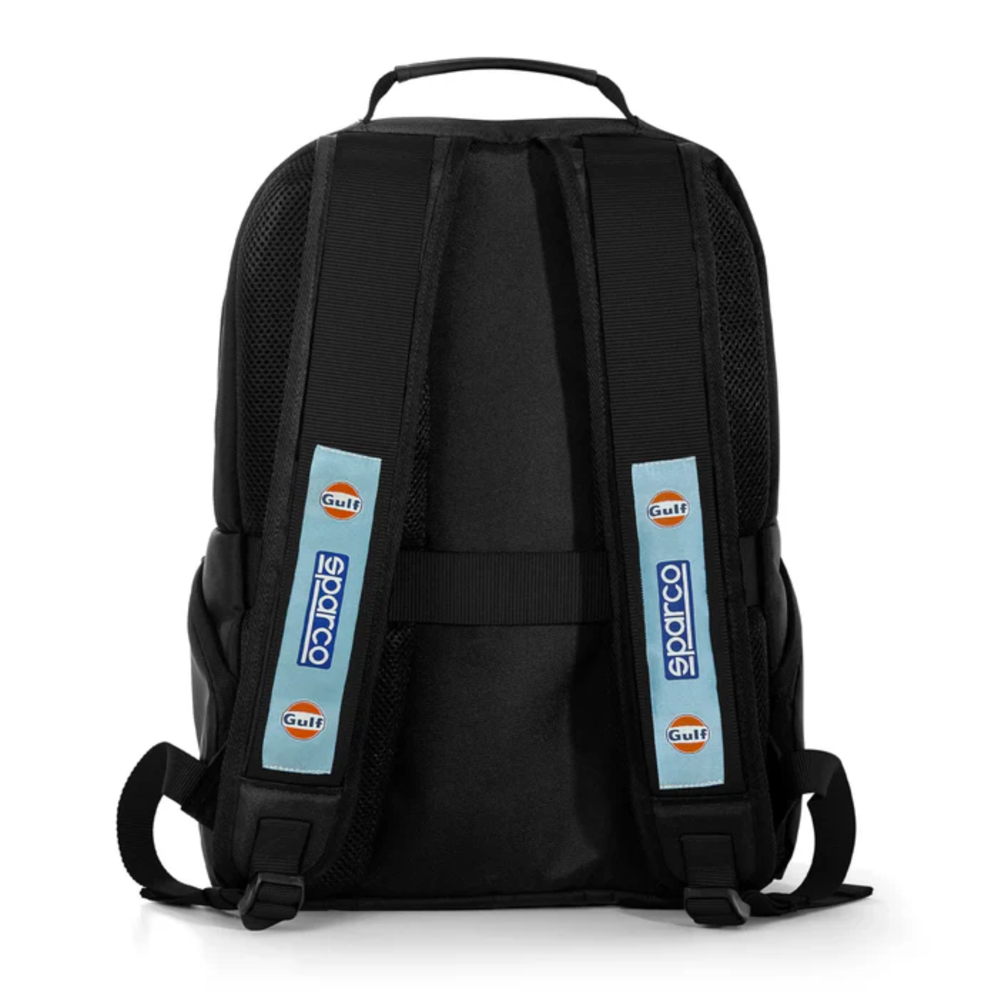 The back of the black Sparco Gulf Stage Backpack from Sparco with the Sparco and Gulf logos.