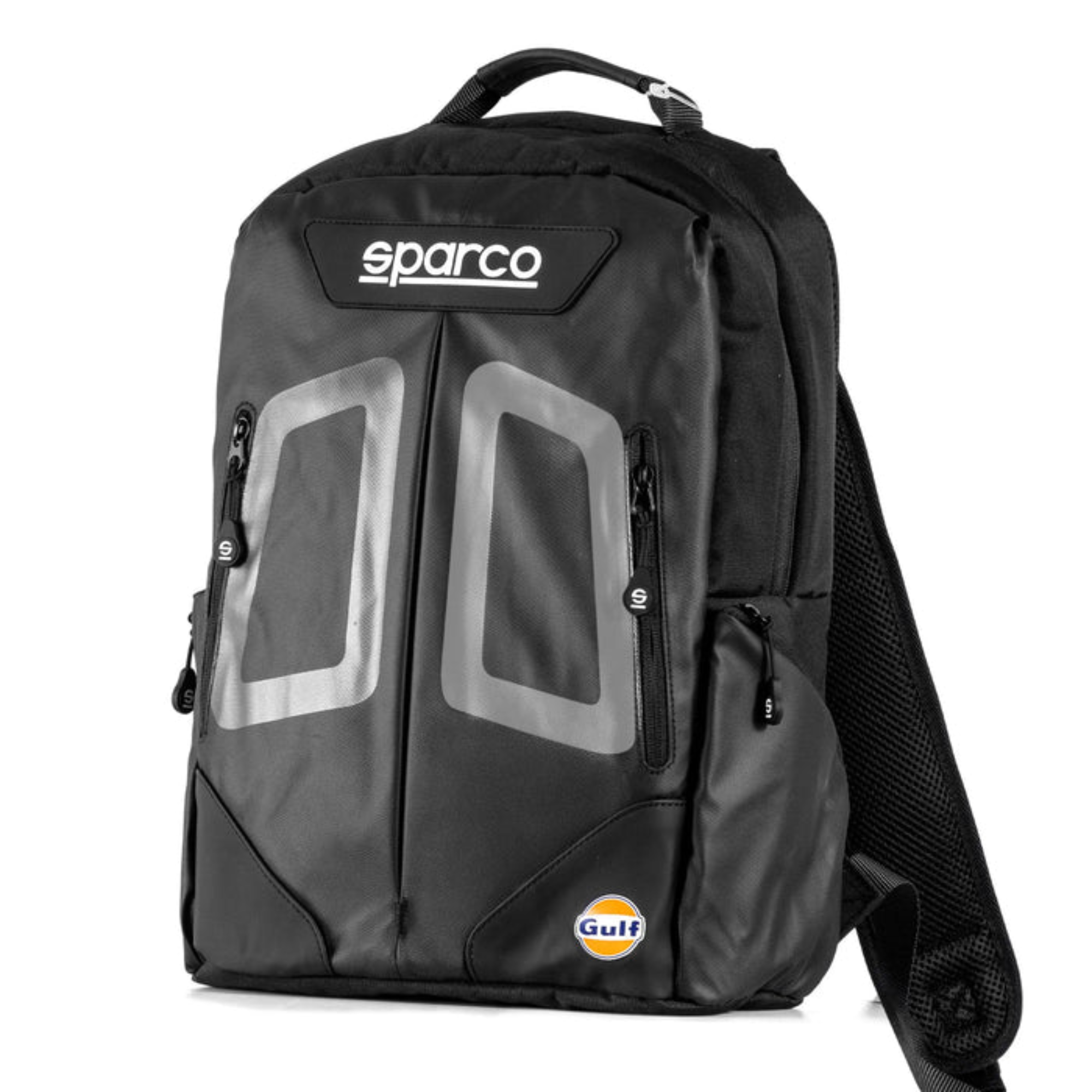 The front of the black Sparco Gulf Stage Backpack from Sparco with the Sparco and Gulf logos.