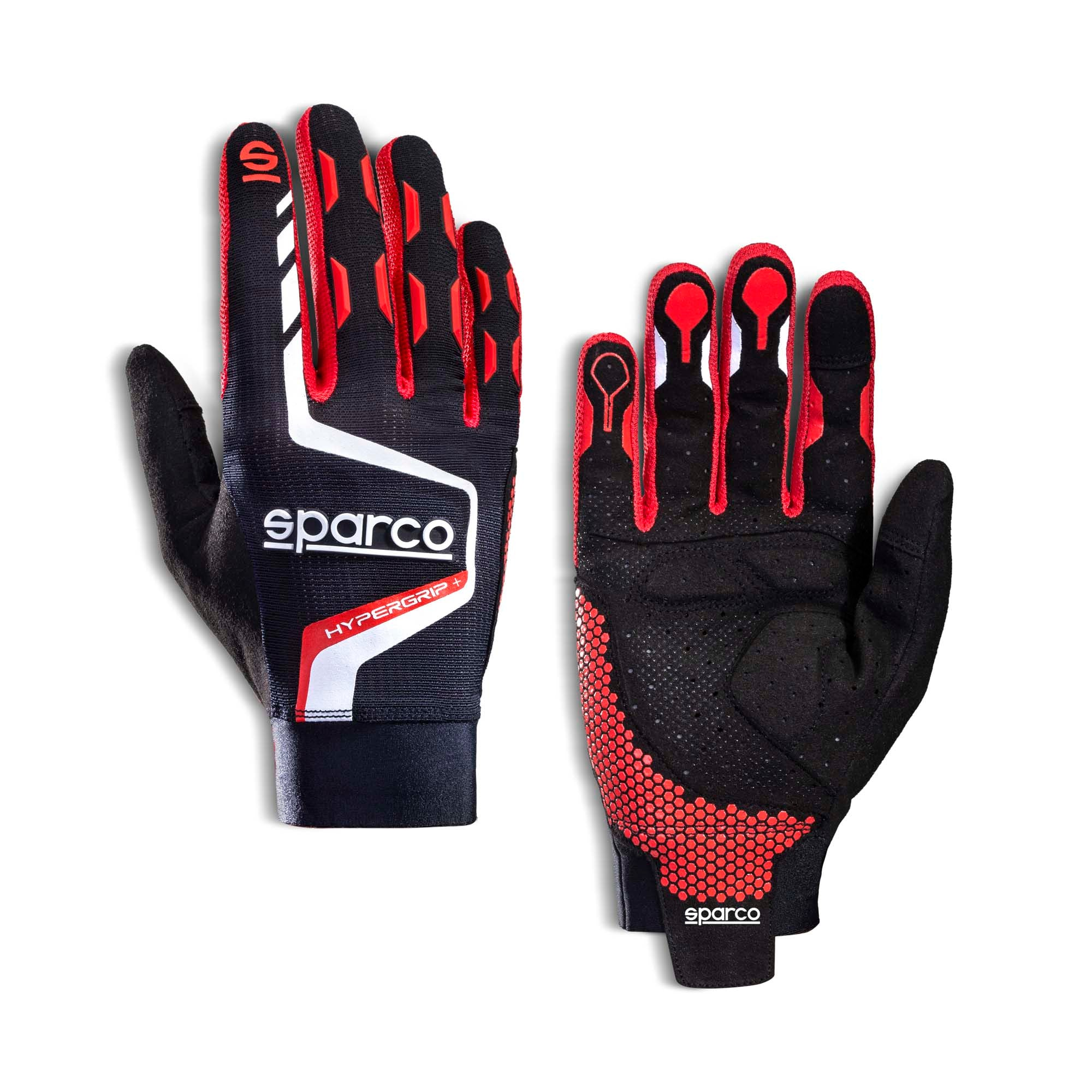 The Sparco Hypergrip+ Gaming Gloves from Sparco in black and red.