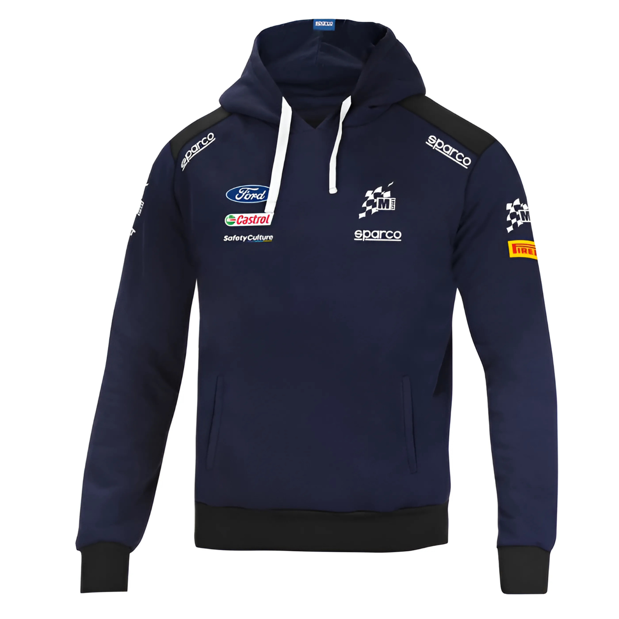 The front of the navy blue Sparco M-Sport Dakar Hoodie from Sparco.