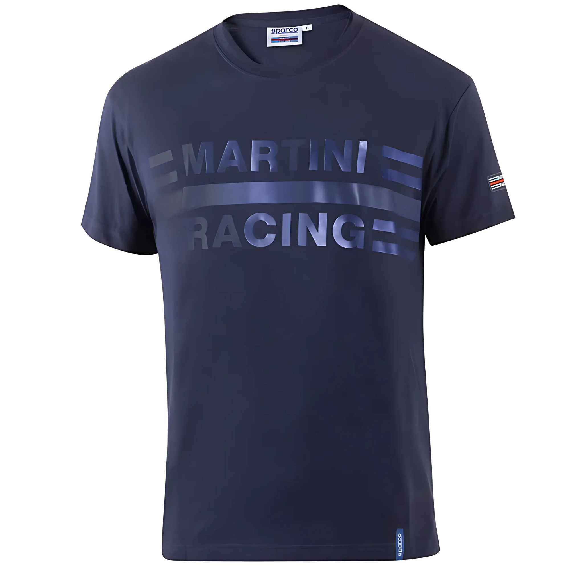 The front of the navy blue Sparco Martini Racing Big Logo T-Shirt from Sparco.
