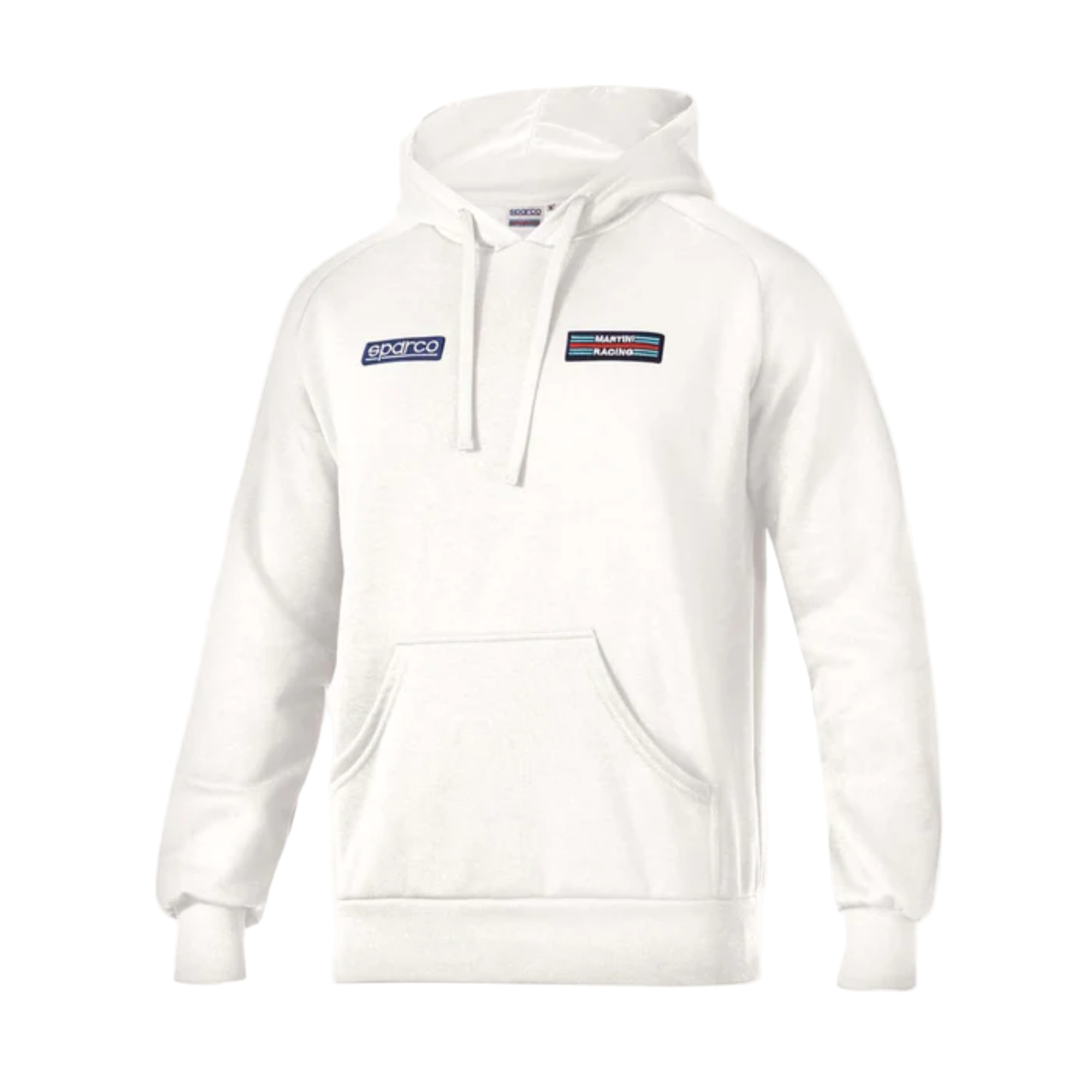 The front of the white Sparco Martini Racing Big Stripes Hooded Sweatshirt from Sparco.