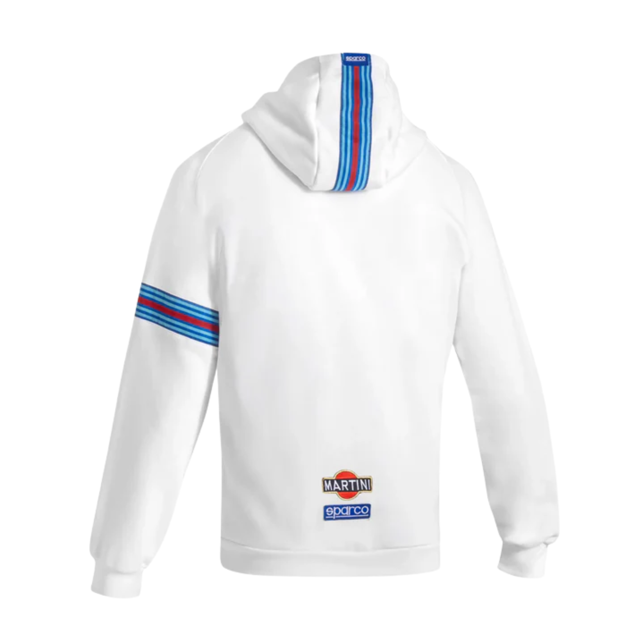 The back of the white Sparco Martini Racing Full Zip Hooded Sweatshirt from Sparco.