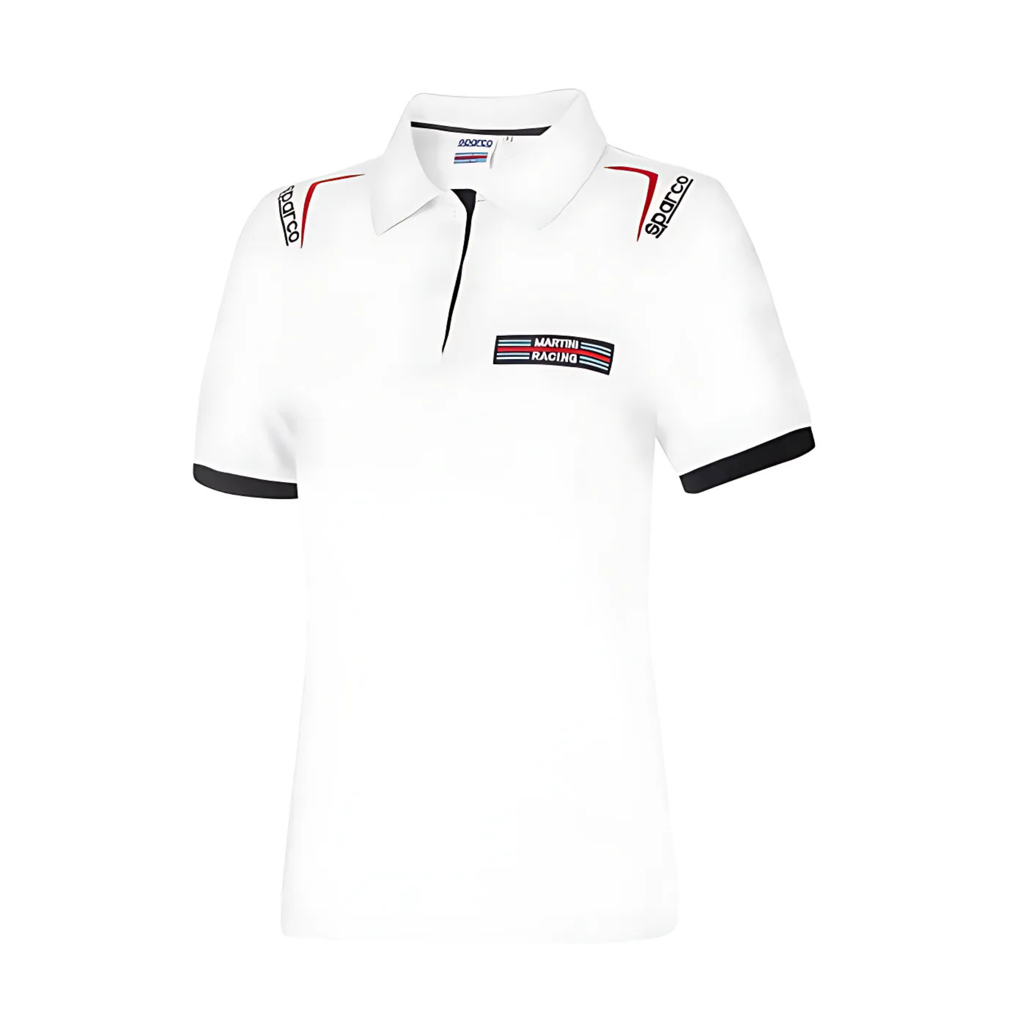 The front of the white Sparco Martini Racing Ladies Polo from Sparco.
