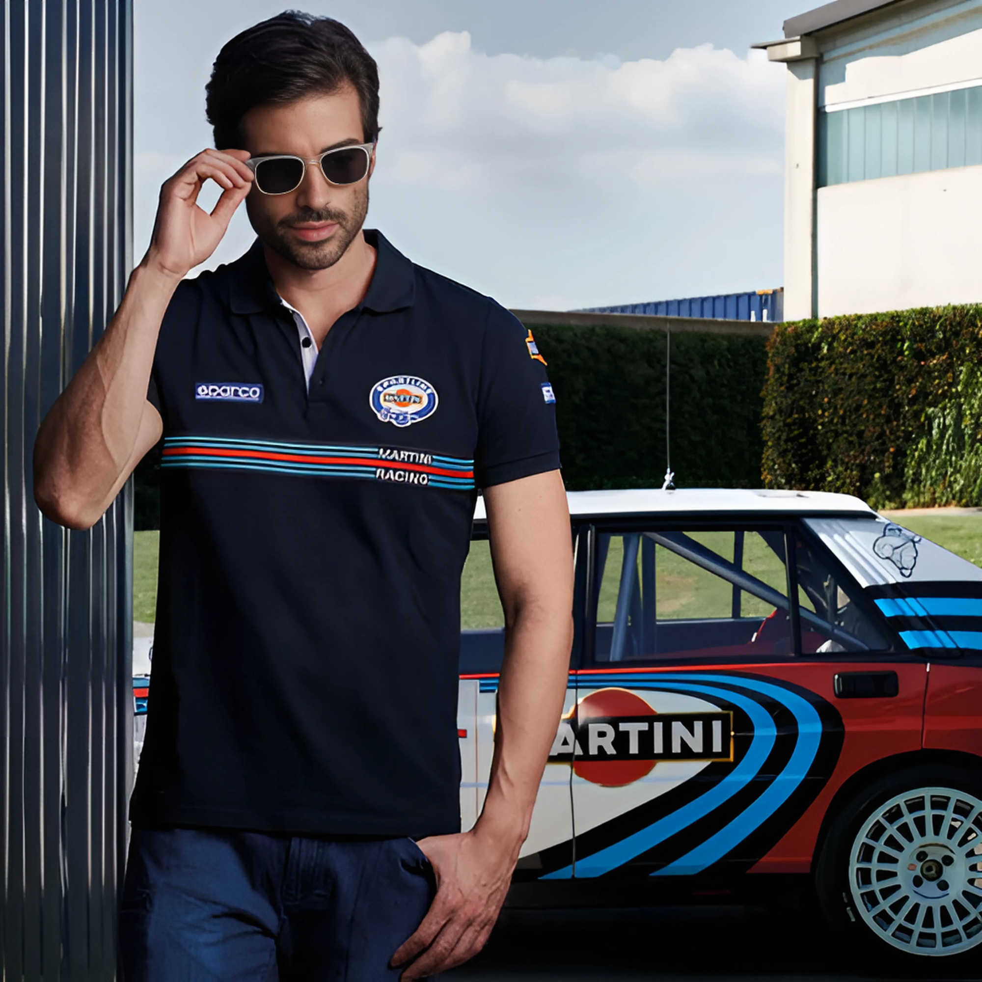 The navy blue Sparco Martini Racing Patch Polo from Sparco at a track day in a lifestyle photograph.