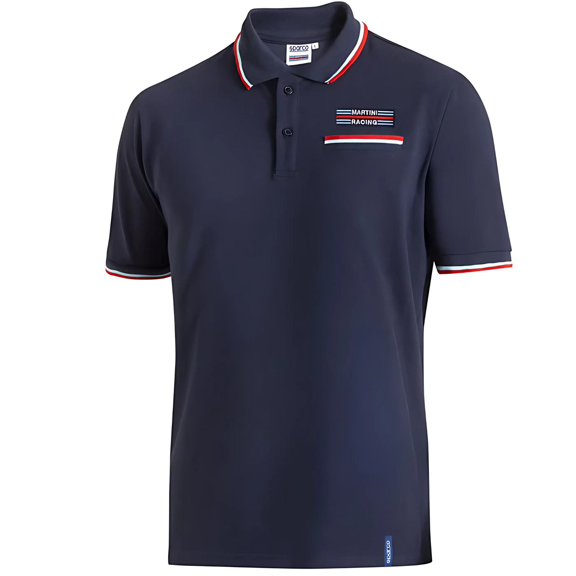 The front of the navy blue Sparco Martini Racing Pocket Polo from Sparco.