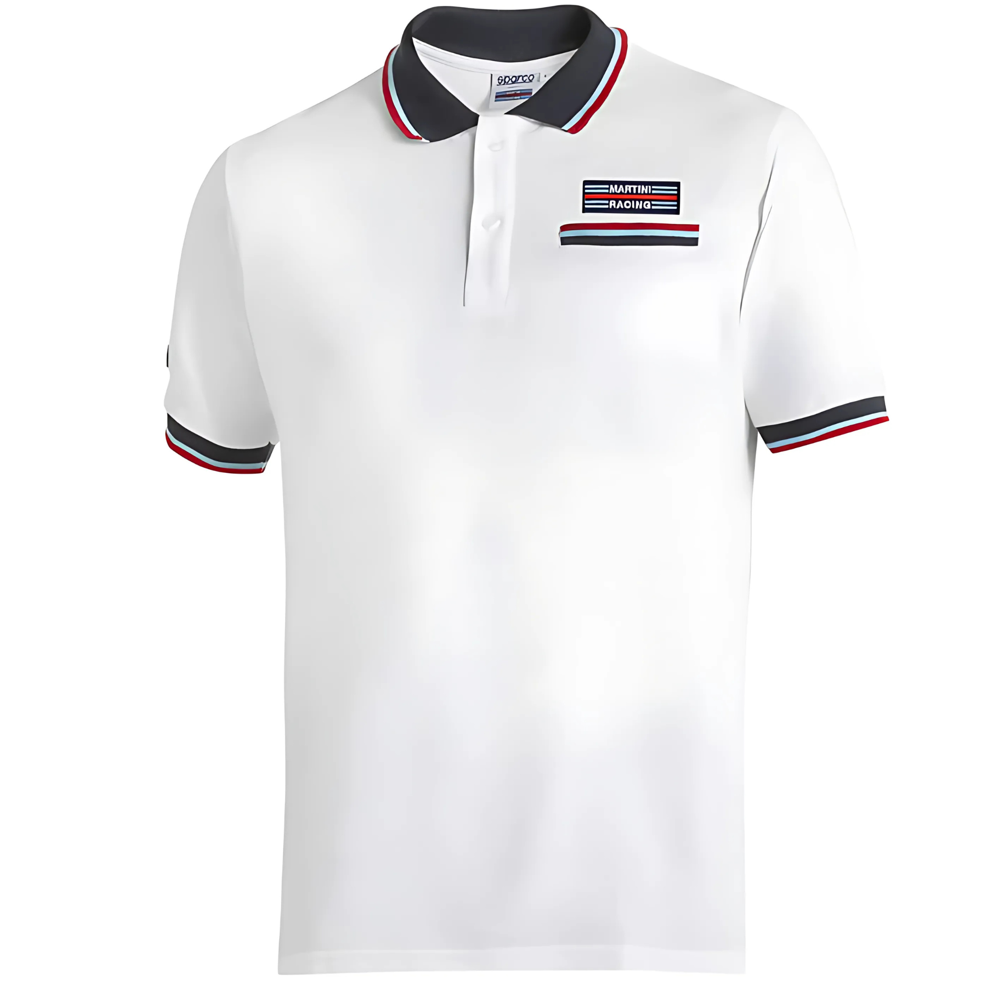 The front of the white Sparco Martini Racing Pocket Polo from Sparco.