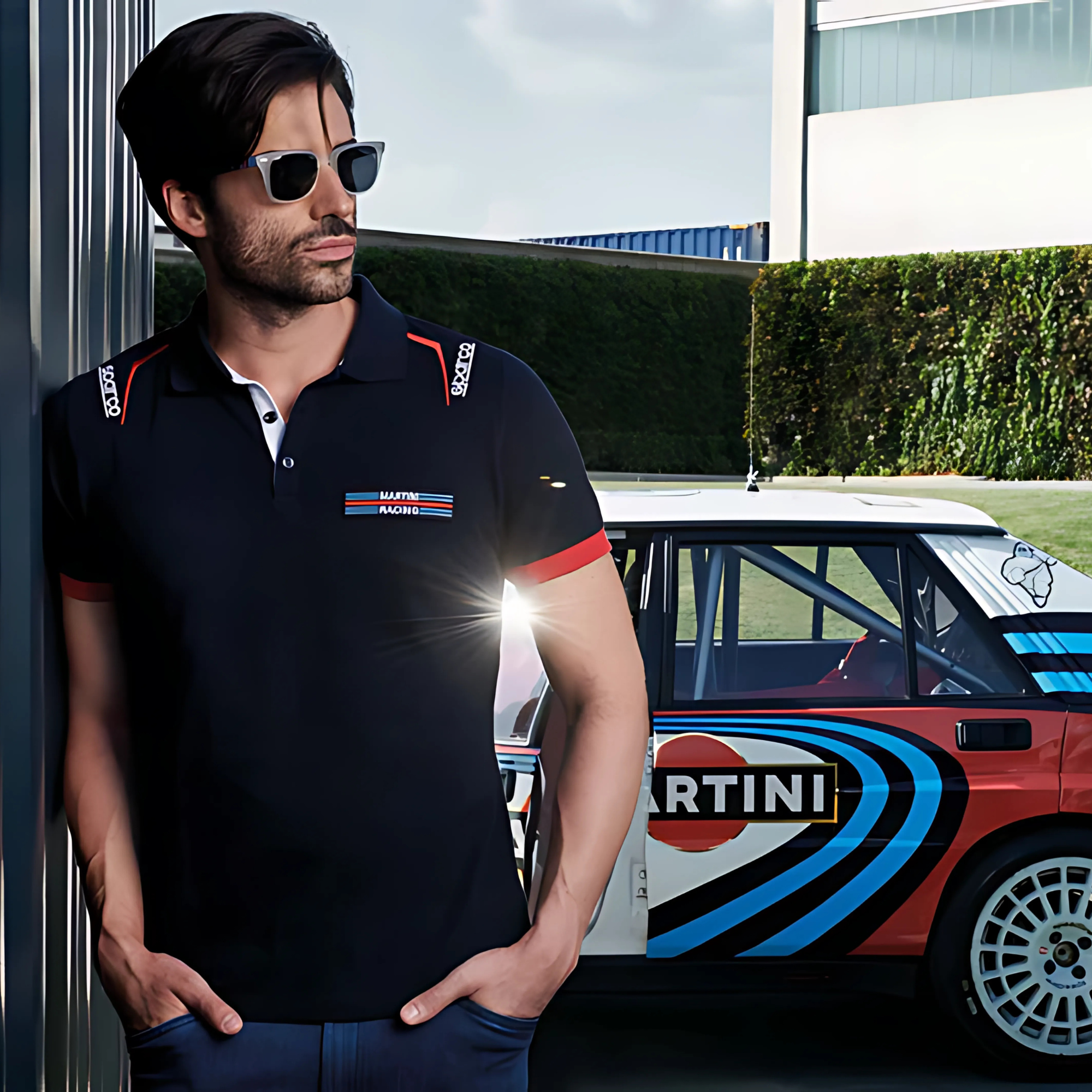 The navy Sparco Martini Racing Polo from Sparco trackside in a lifestyle image.