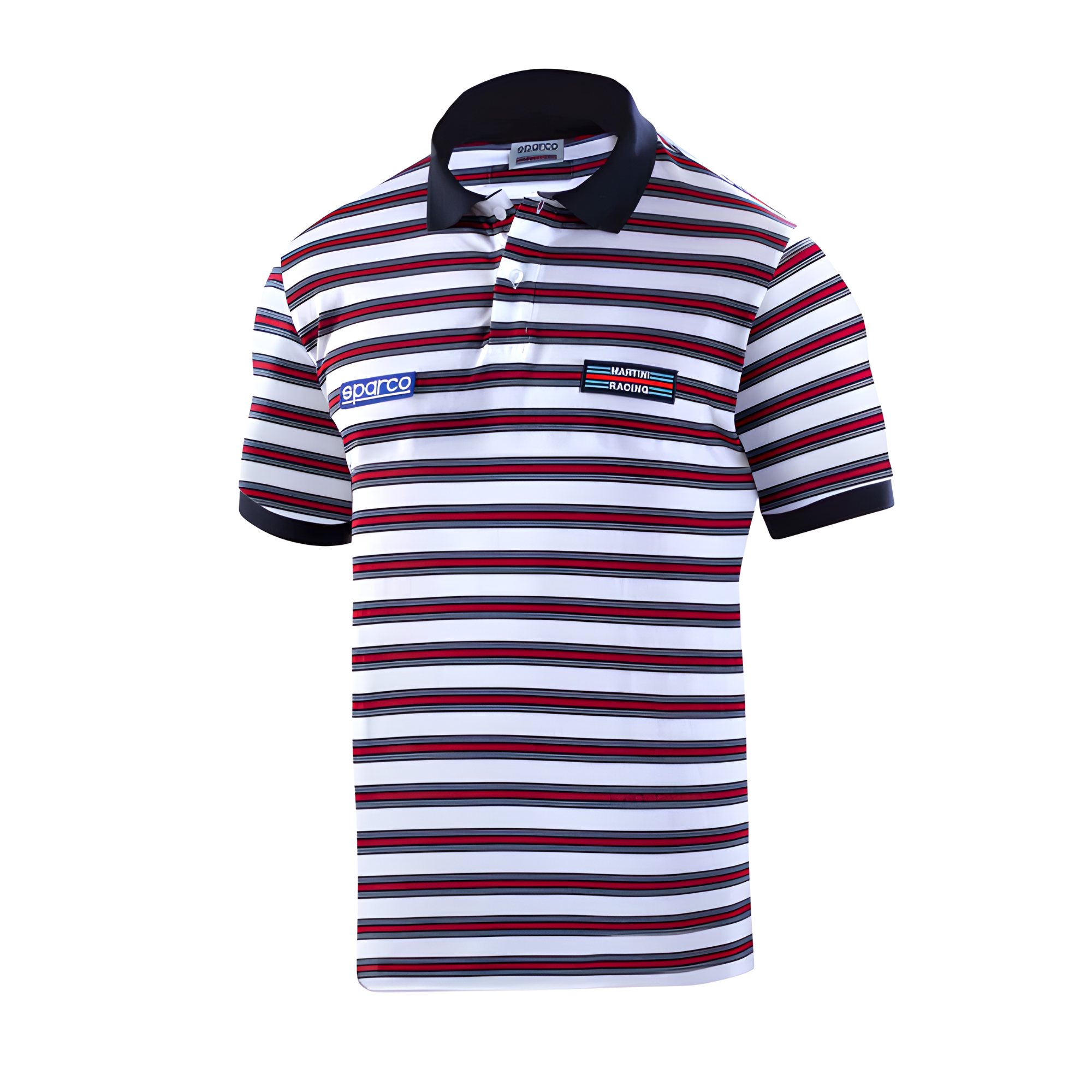 The front of the white Sparco Martini Racing Striped Polo from Sparco.