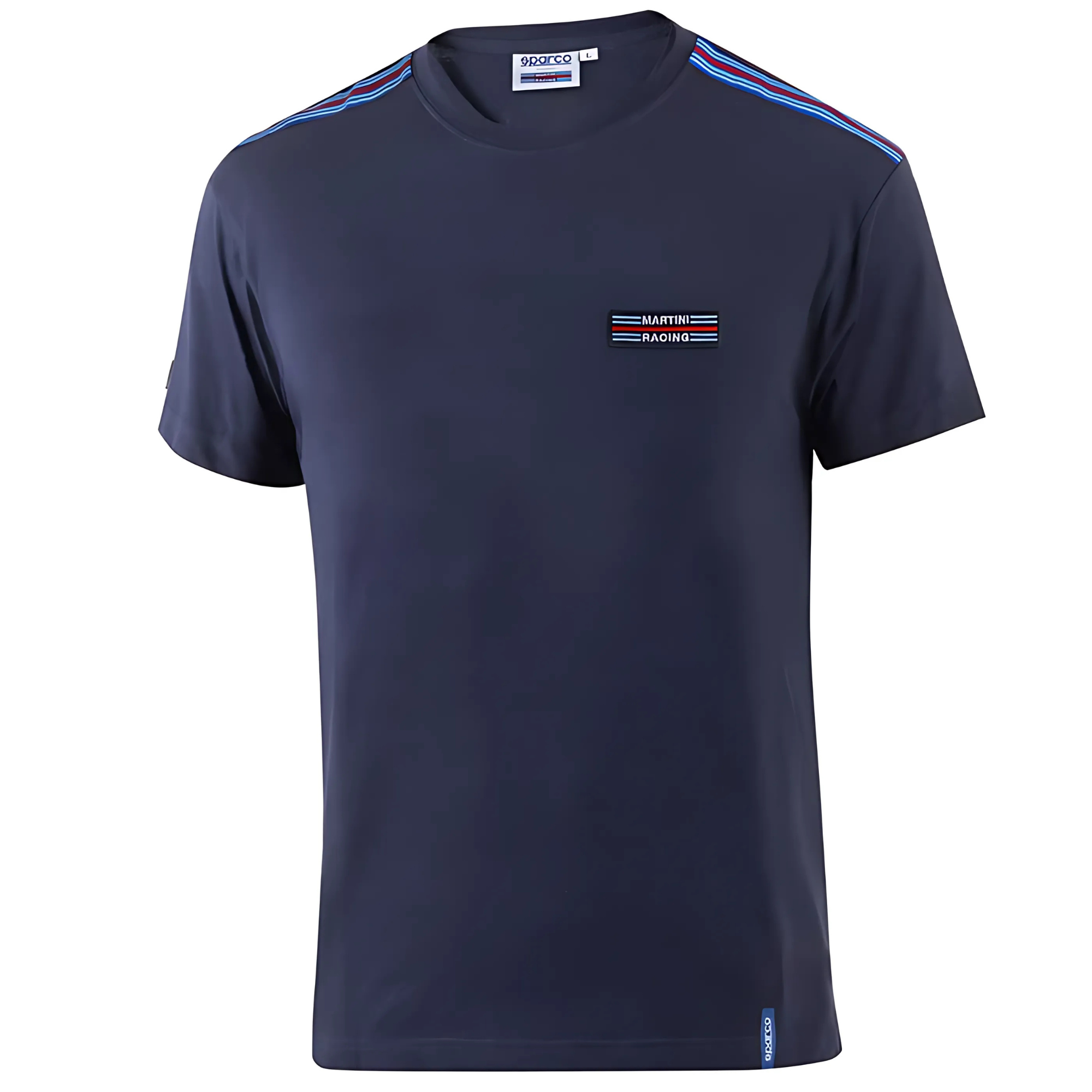 The front of the navy blue Sparco Martini Racing Stripes T-Shirt from Sparco.