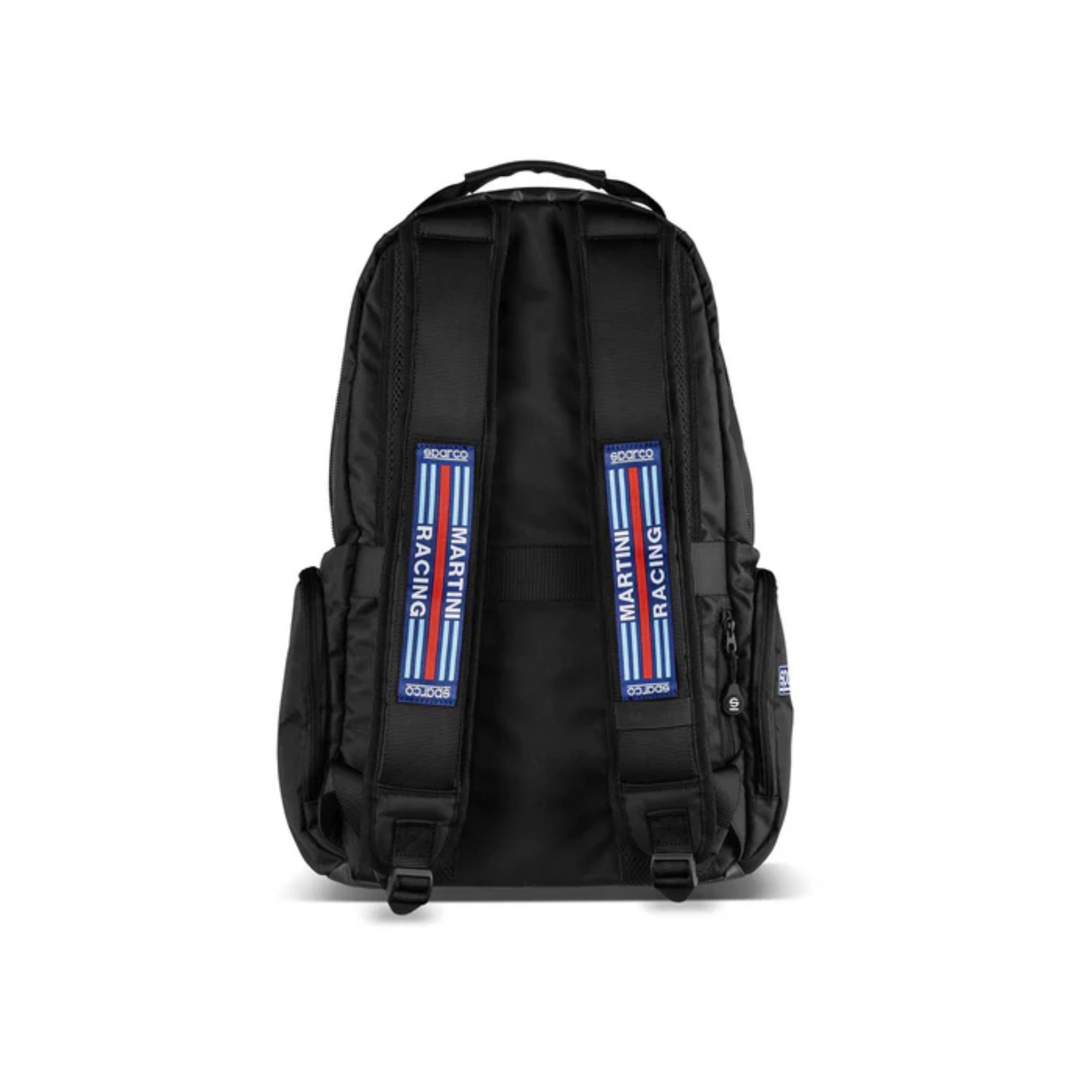 The back of the black Sparco Martini Racing Super Stage Backpack from Sparco.