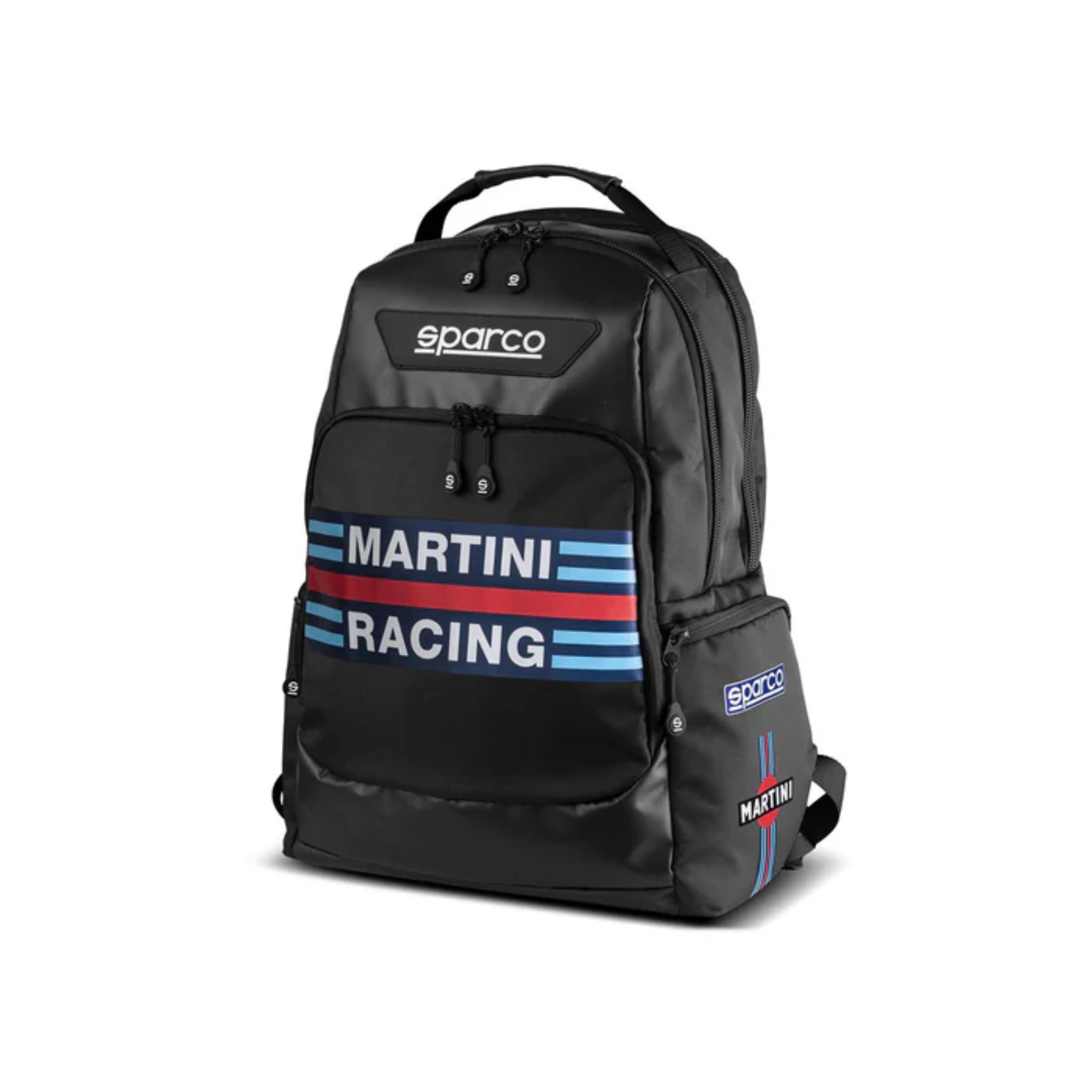 The front of the black Sparco Martini Racing Super Stage Backpack from Sparco.