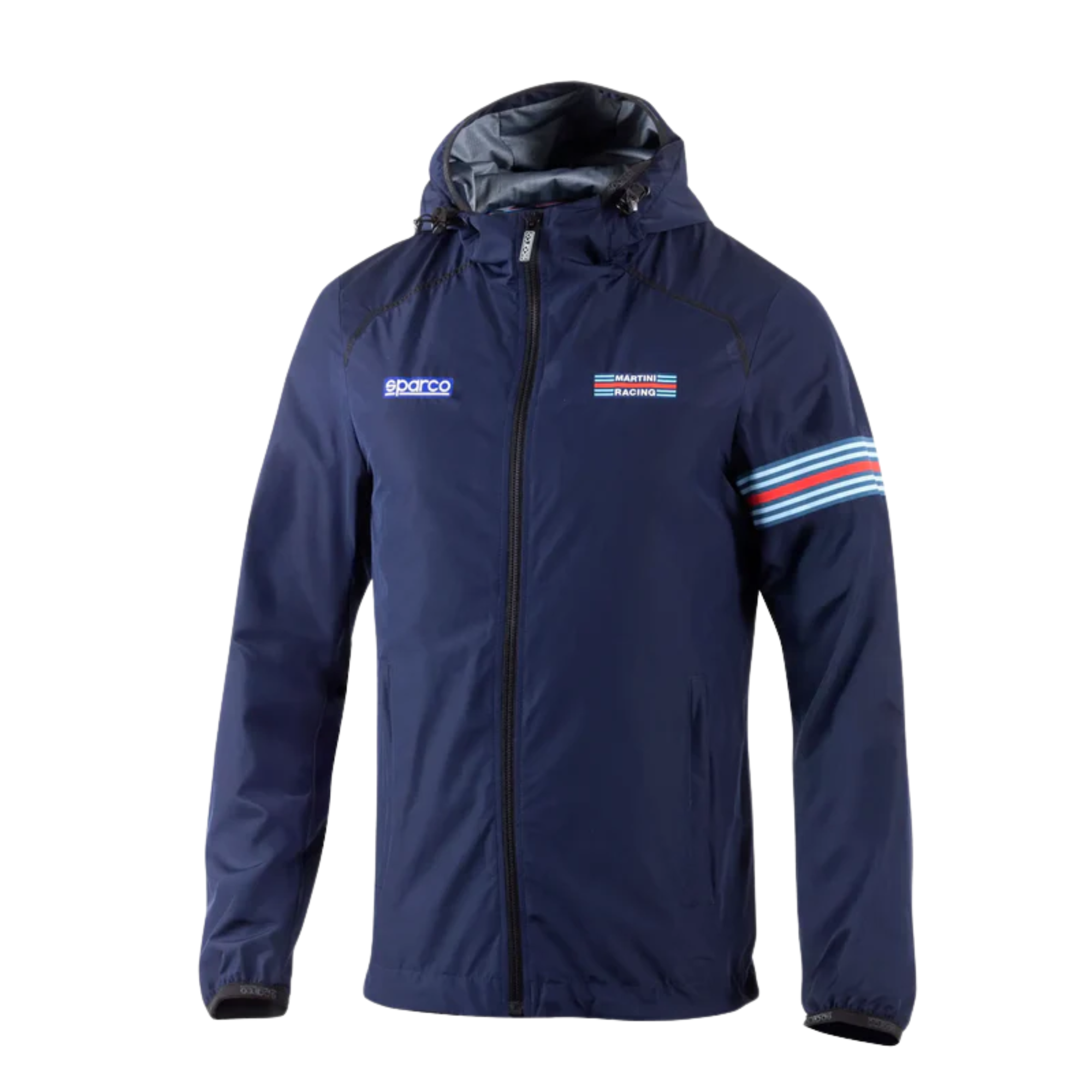 The front of the navy blue Sparco Martini Racing Windbreaker from Sparco.