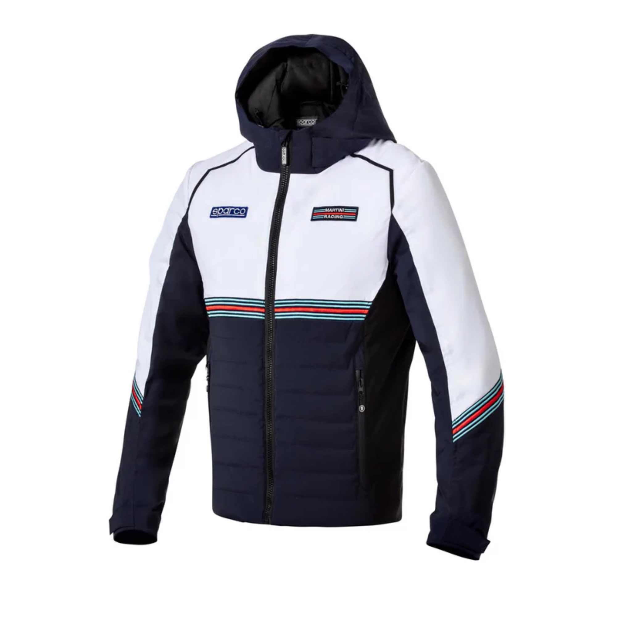 The front of the navy blue and white Sparco Martini Racing Winter Jacket from Sparco.