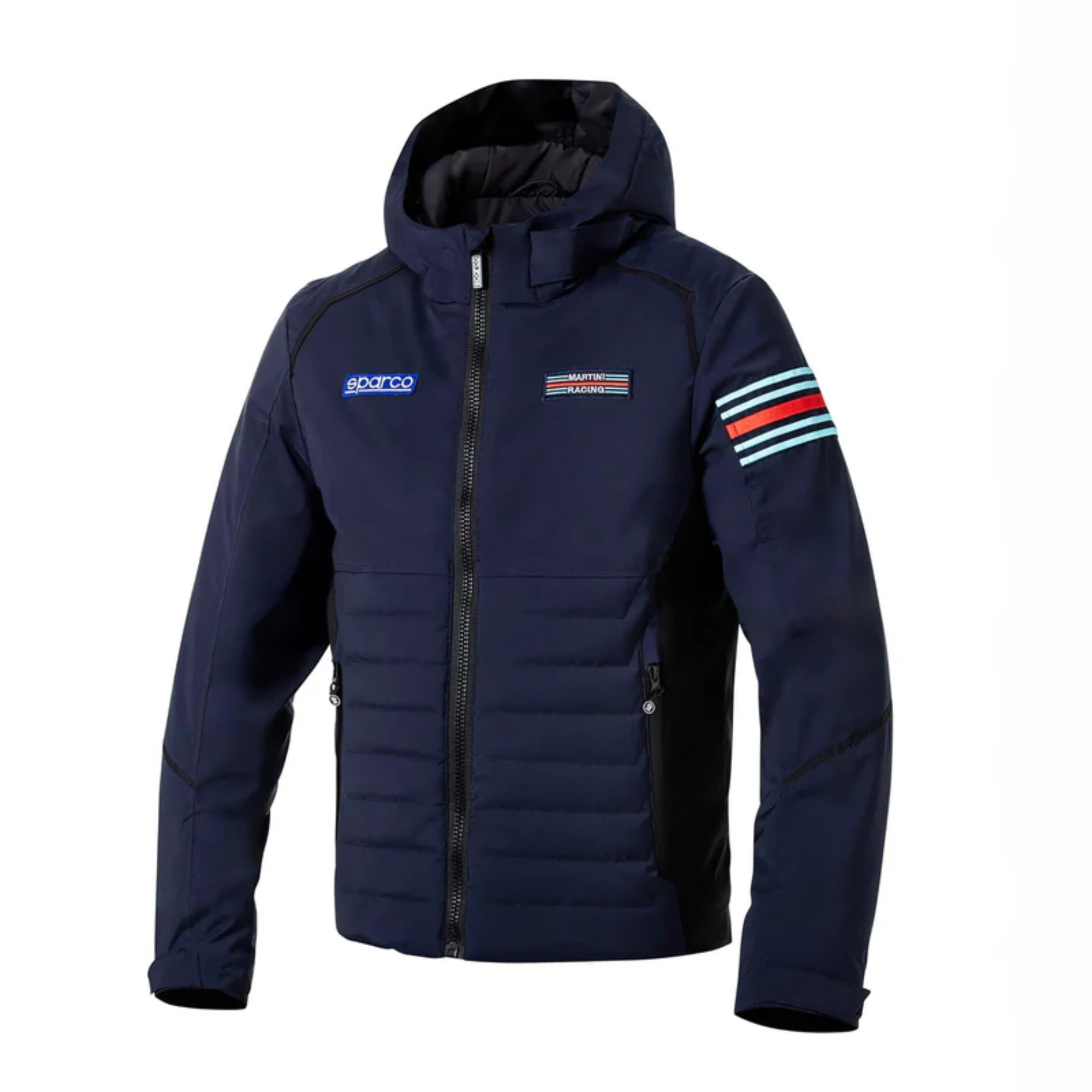 The front of the navy blue Sparco Martini Racing Winter Jacket from Sparco.