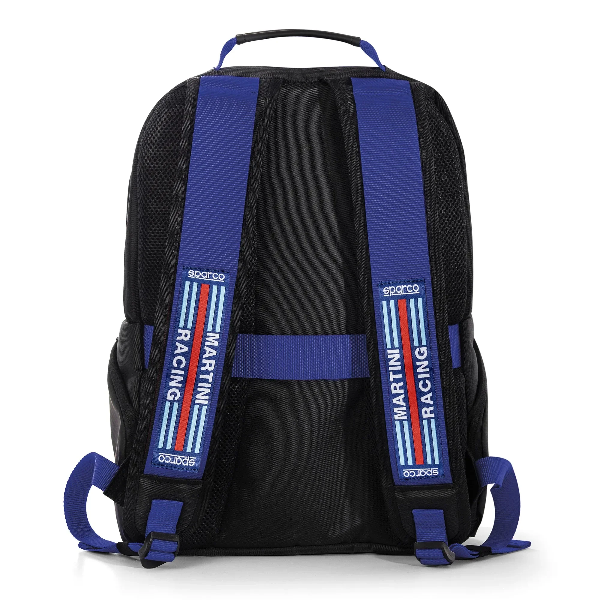 The back of the blue and black Sparco Martini Stage Backpack from Sparco.