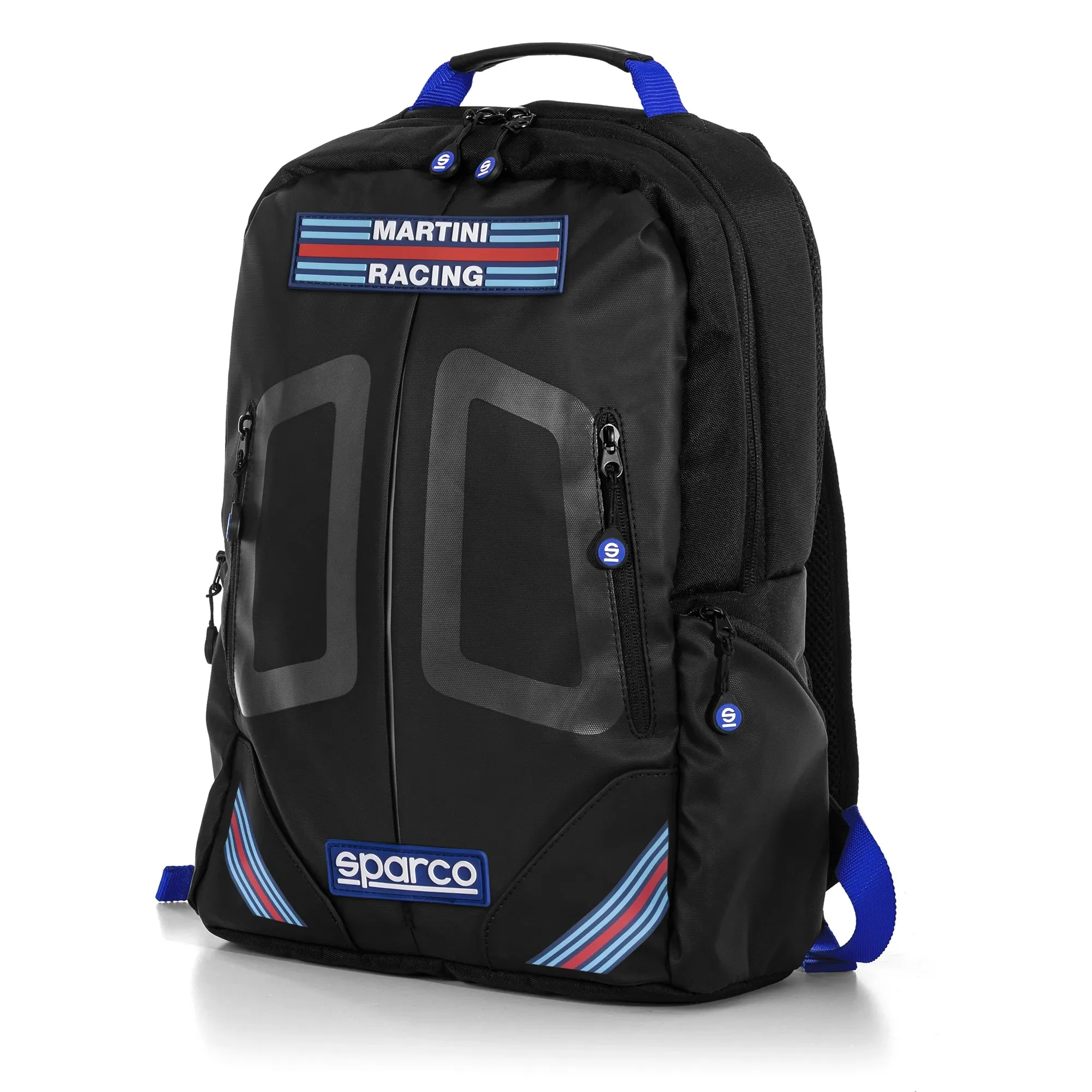 The front of the blue and black Sparco Martini Stage Backpack from Sparco.