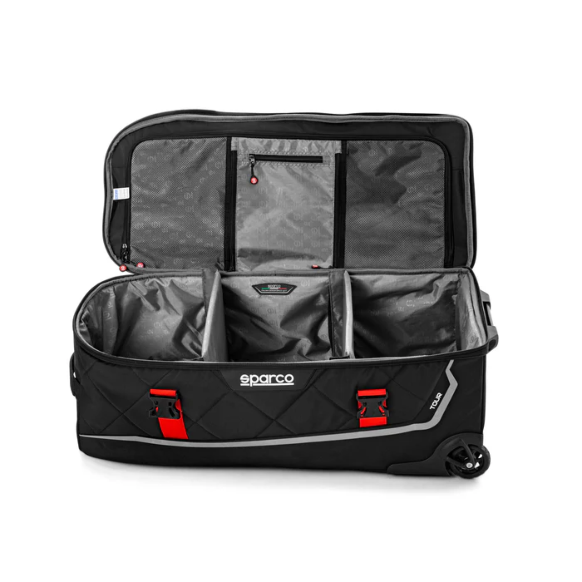 The red and black Sparco Martini Tour Bag from Sparco opened showing the storage compartments.