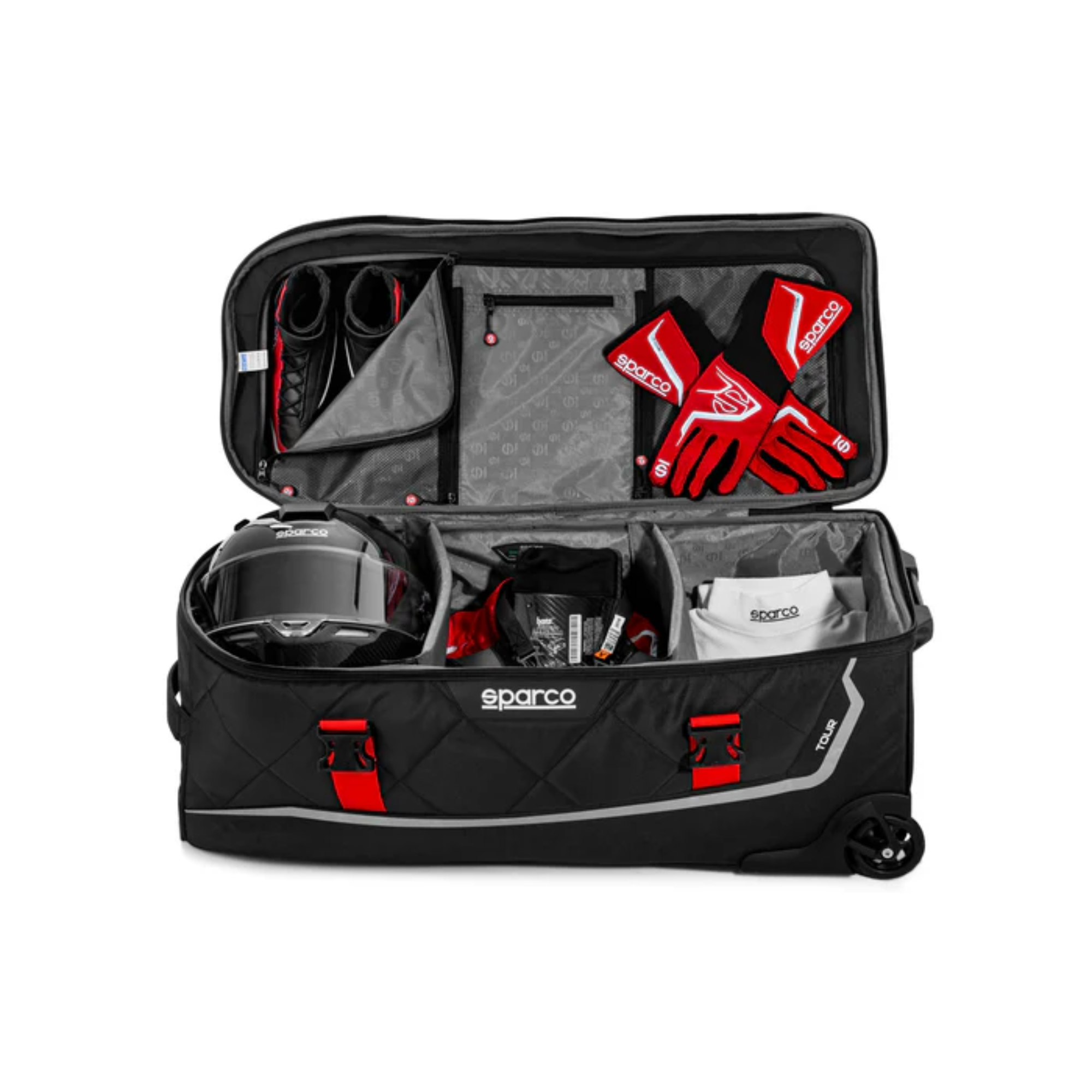 The red and black Sparco Martini Tour Bag from Sparco showing the internal storage with racing gear.