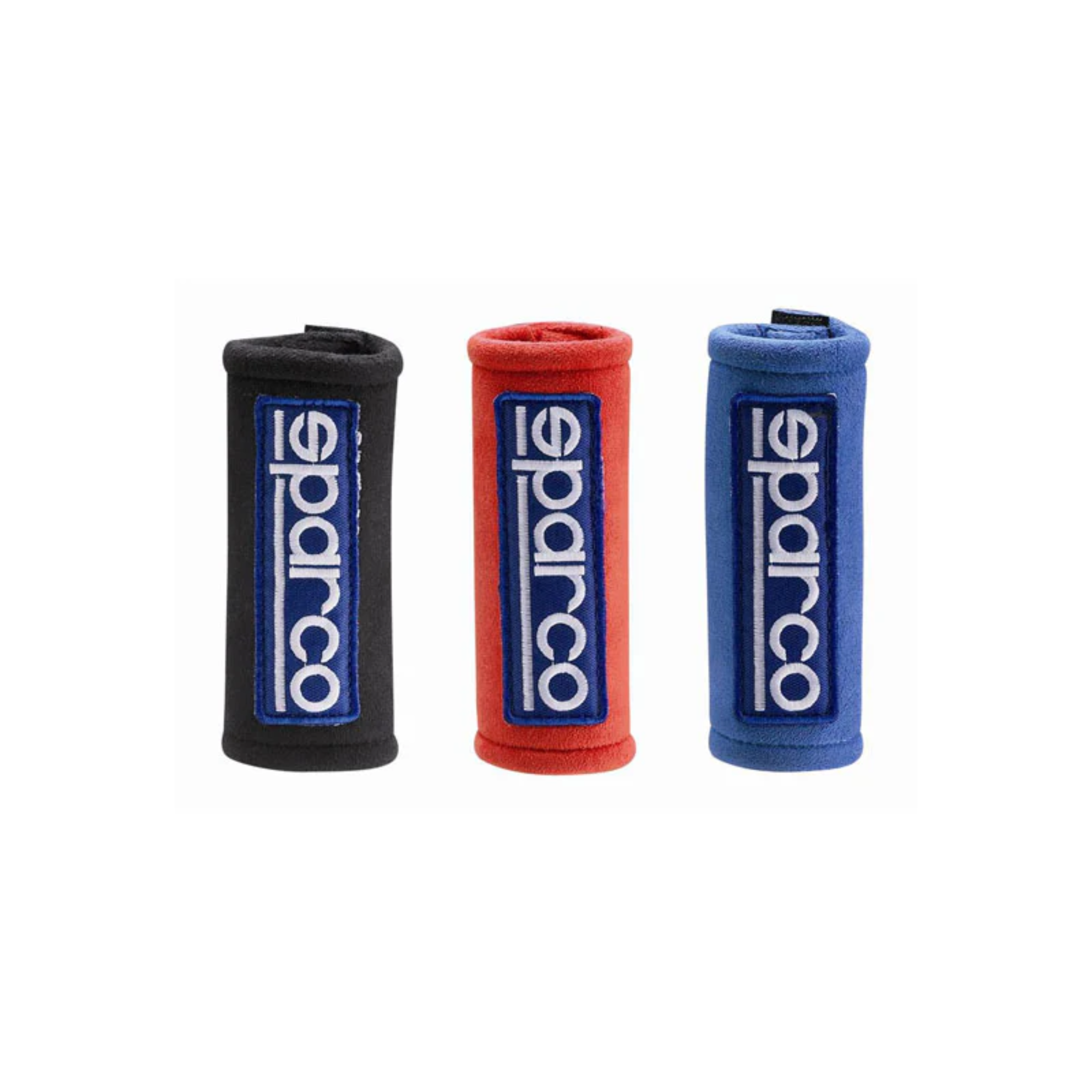 The black, red and blue Sparco Mini Harness Belt Pads from Sparco, showing off all three colors. all-groups