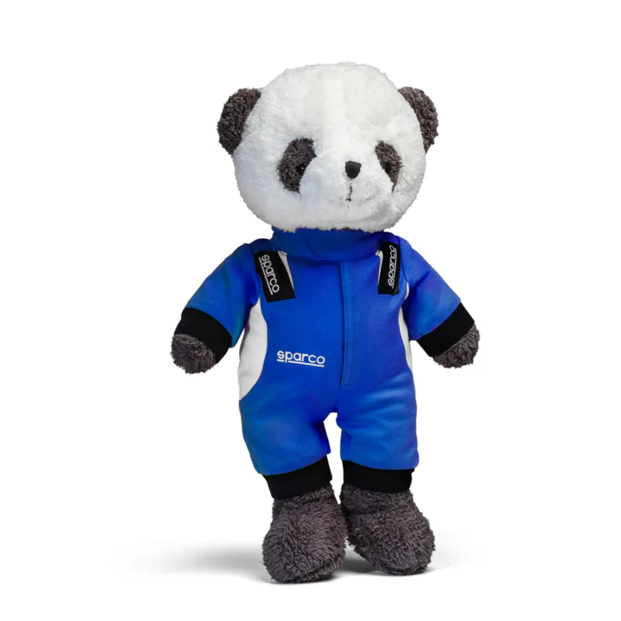 The Sparco Panda Plush Bear from Sparco with a blue drivers suit.