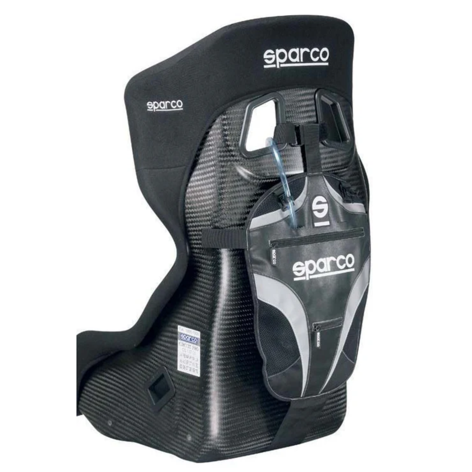 The gray and black Sparco Rally Drink Bag from Sparco attached to a racing seat.