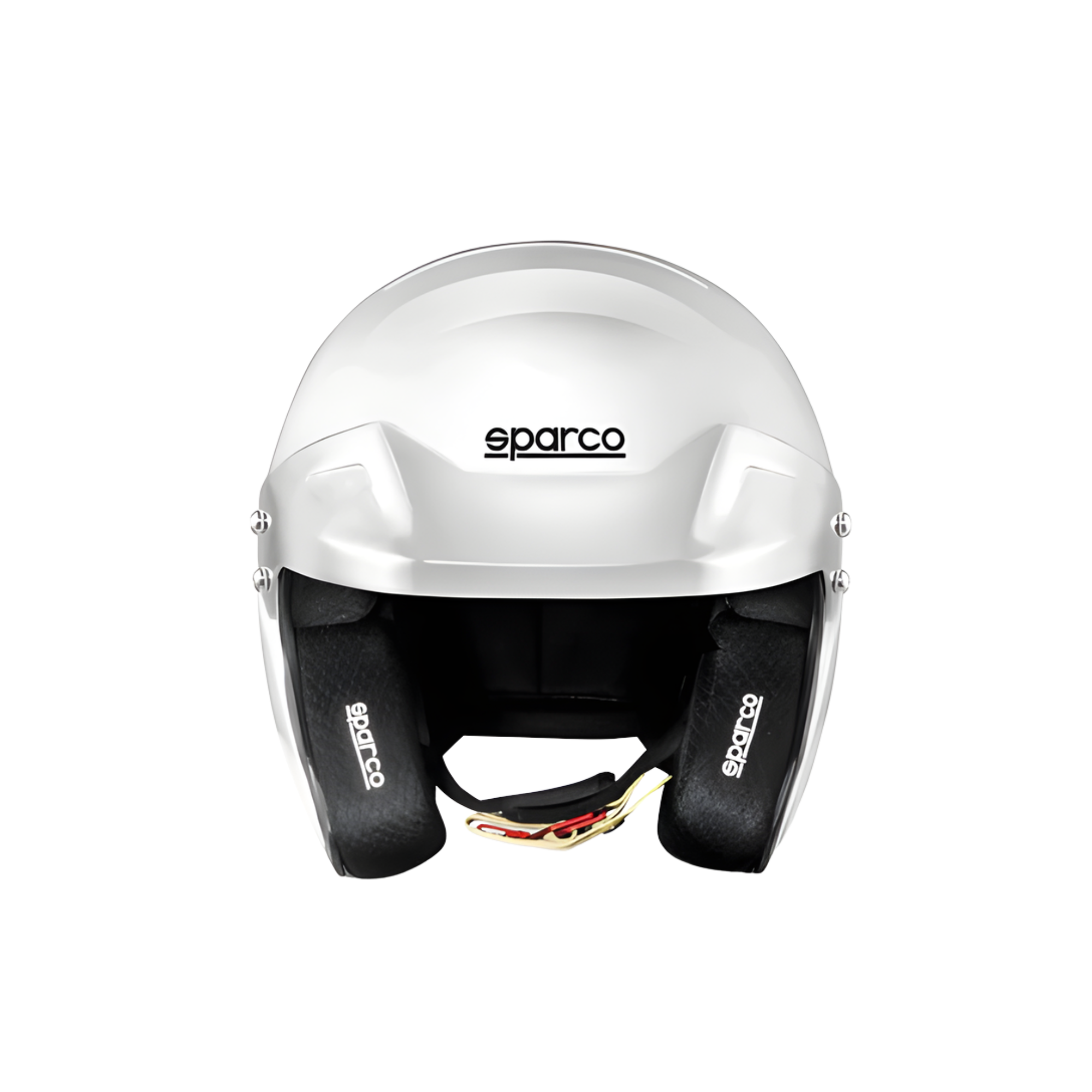 The white Sparco RJ SA2020 Rally Helmet from Sparco from the front.
