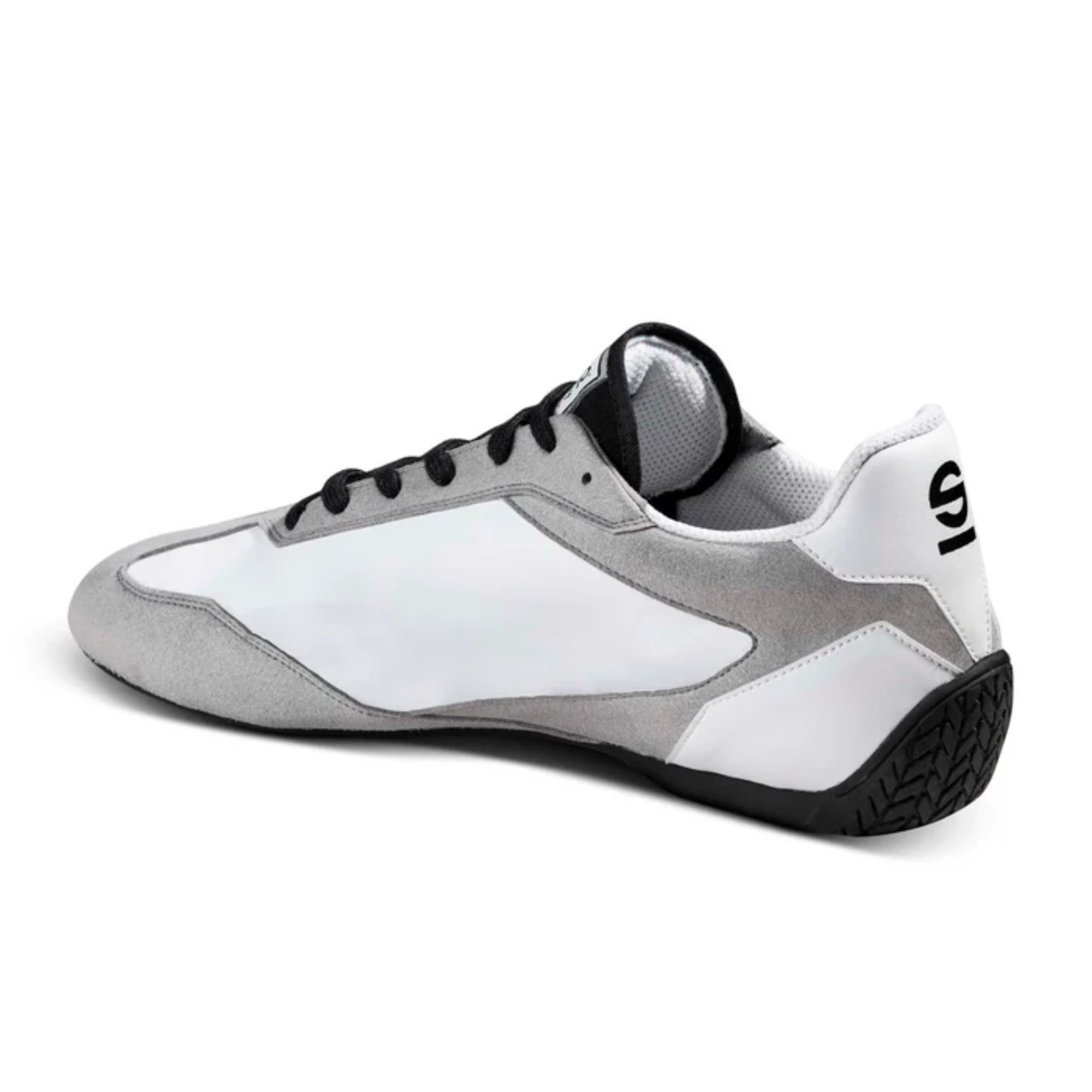 The white and black Sparco S-Drive Low Shoes from Sparco from the side at an angle.