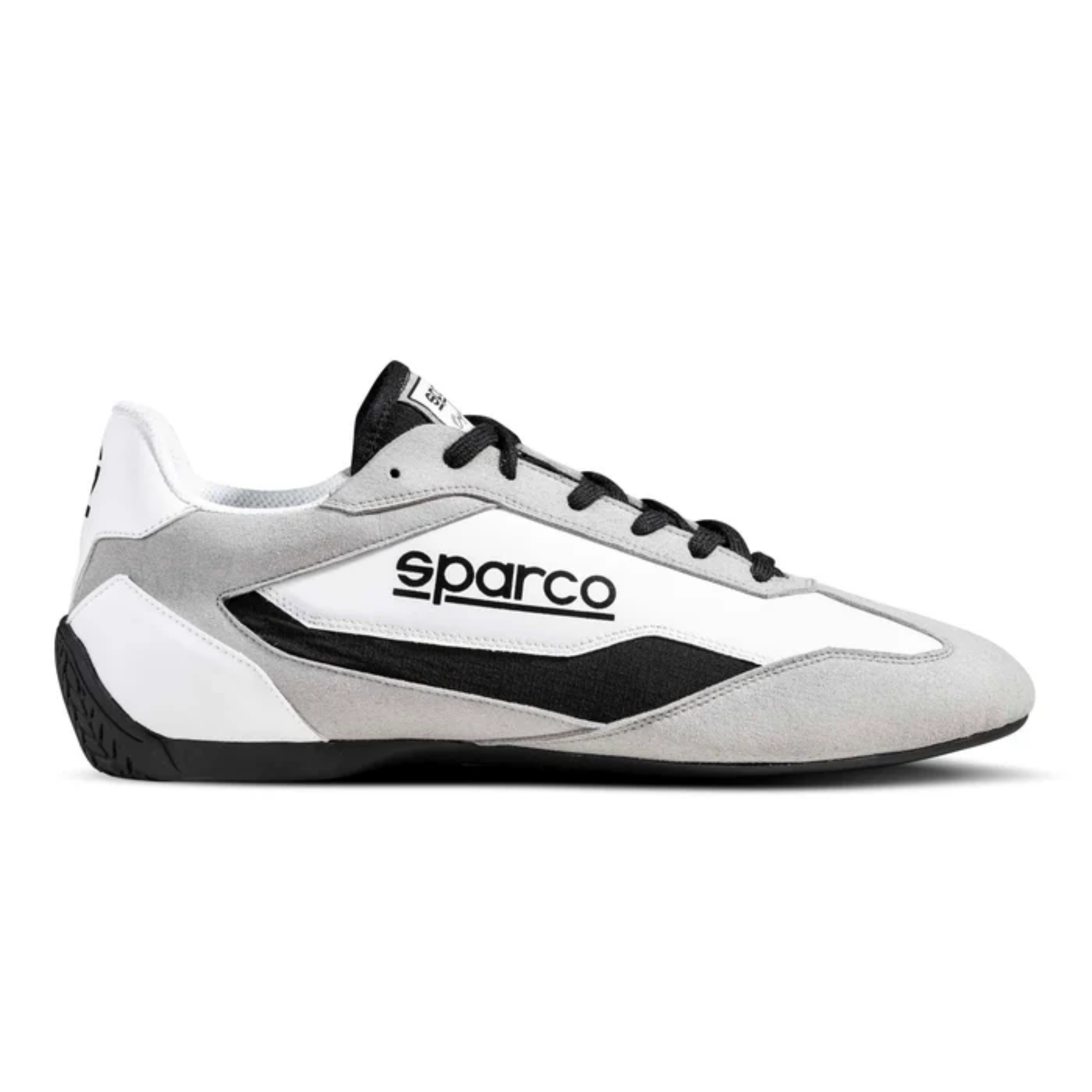 The white and black Sparco S-Drive Low Shoes from Sparco from the side.