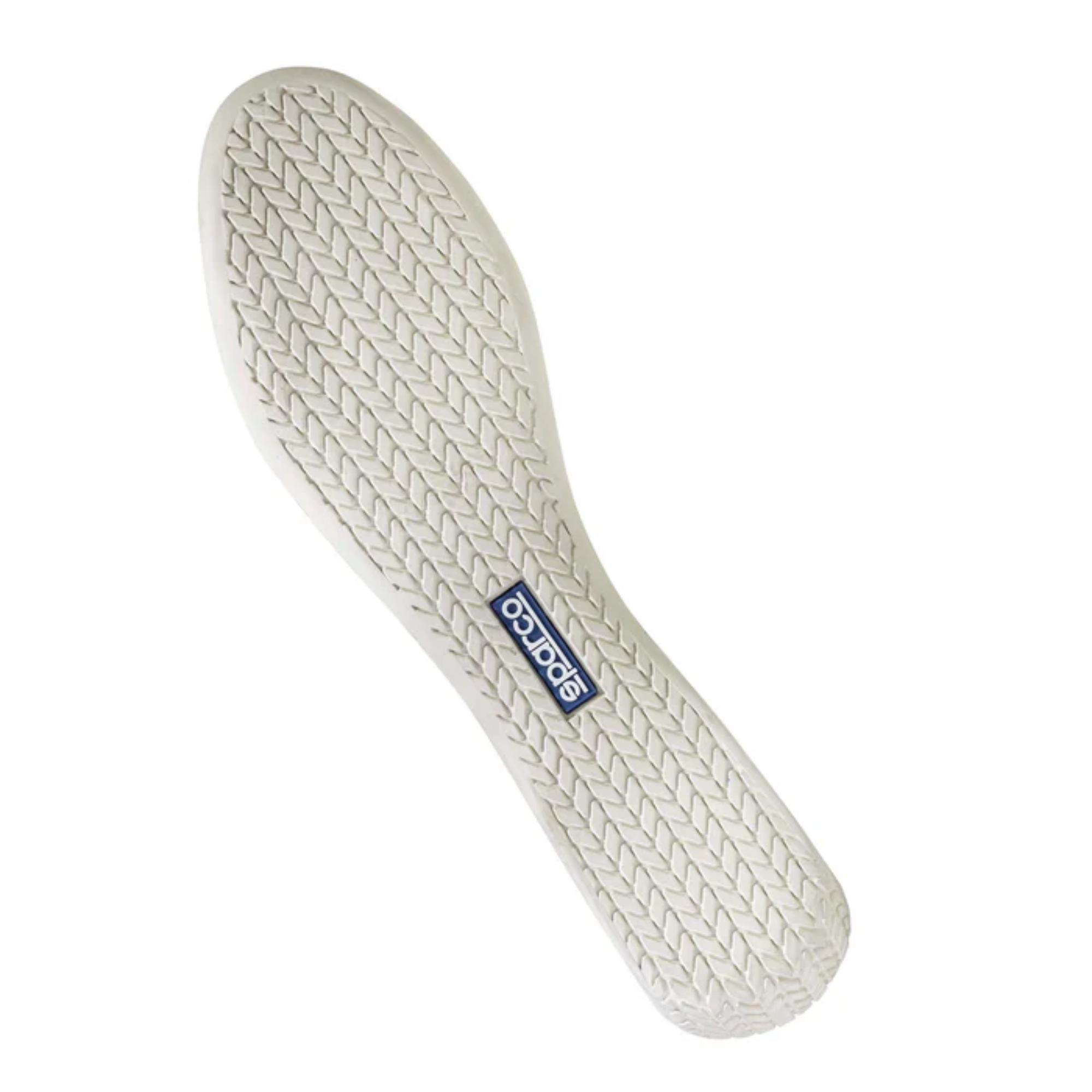 The white and black Sparco S-Drive Low Shoes from Sparco focusing on the sole.