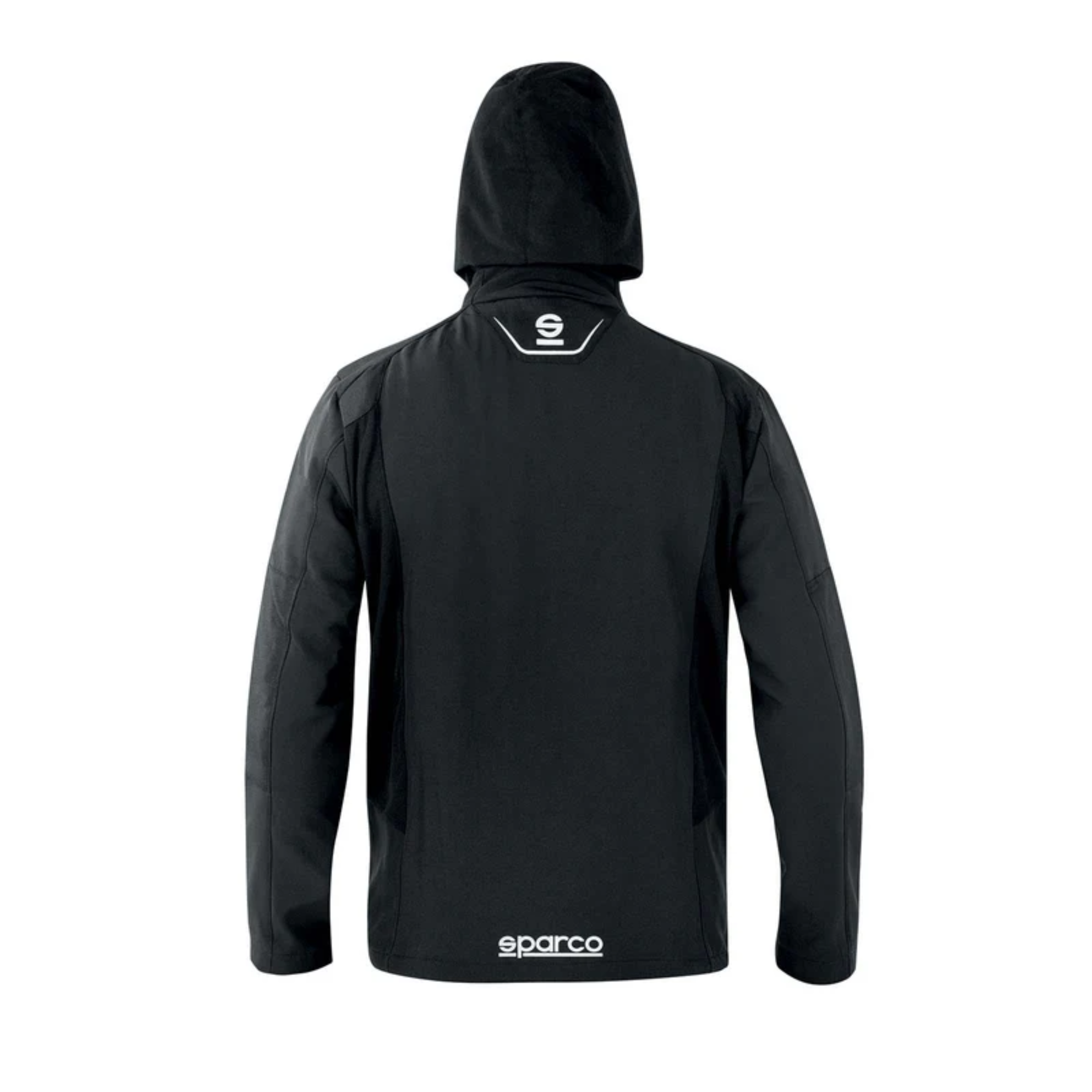 The back of the black Sparco Seattle Jacket from Sparco with the hood up.
