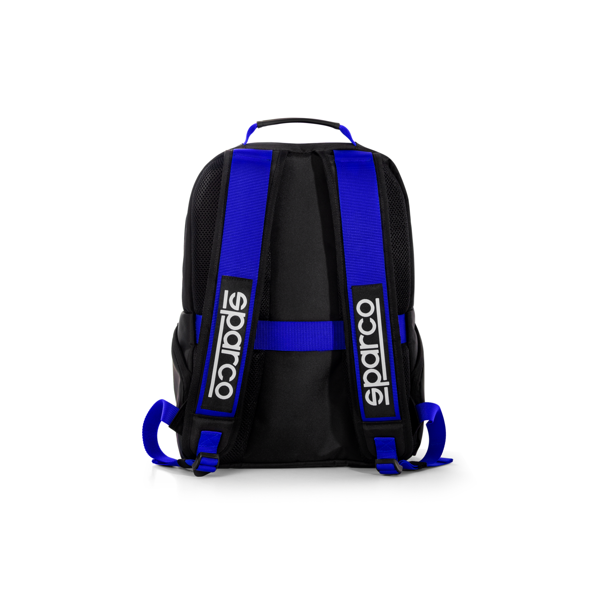 The back of the black Sparco Stage Backpack from Sparco with blue accents.