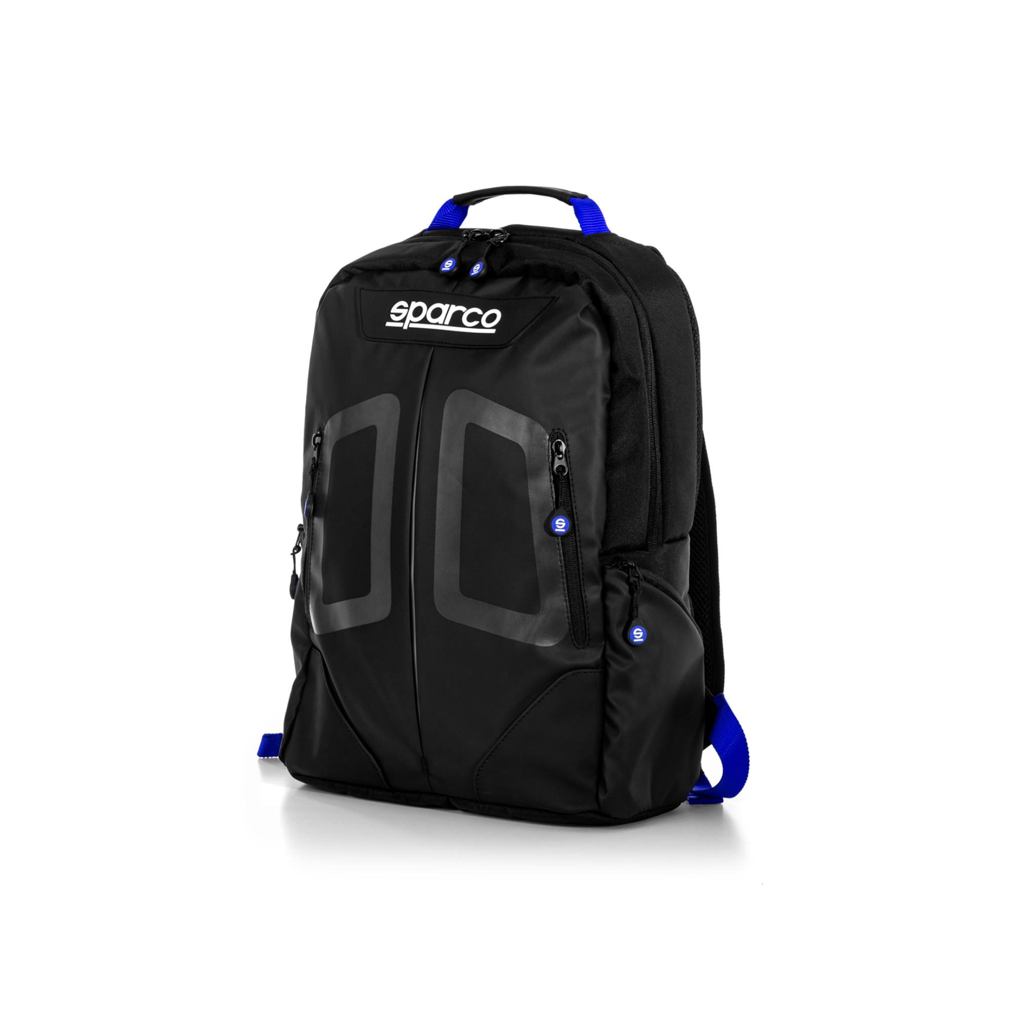 The front of the black Sparco Stage Backpack from Sparco with blue accents.