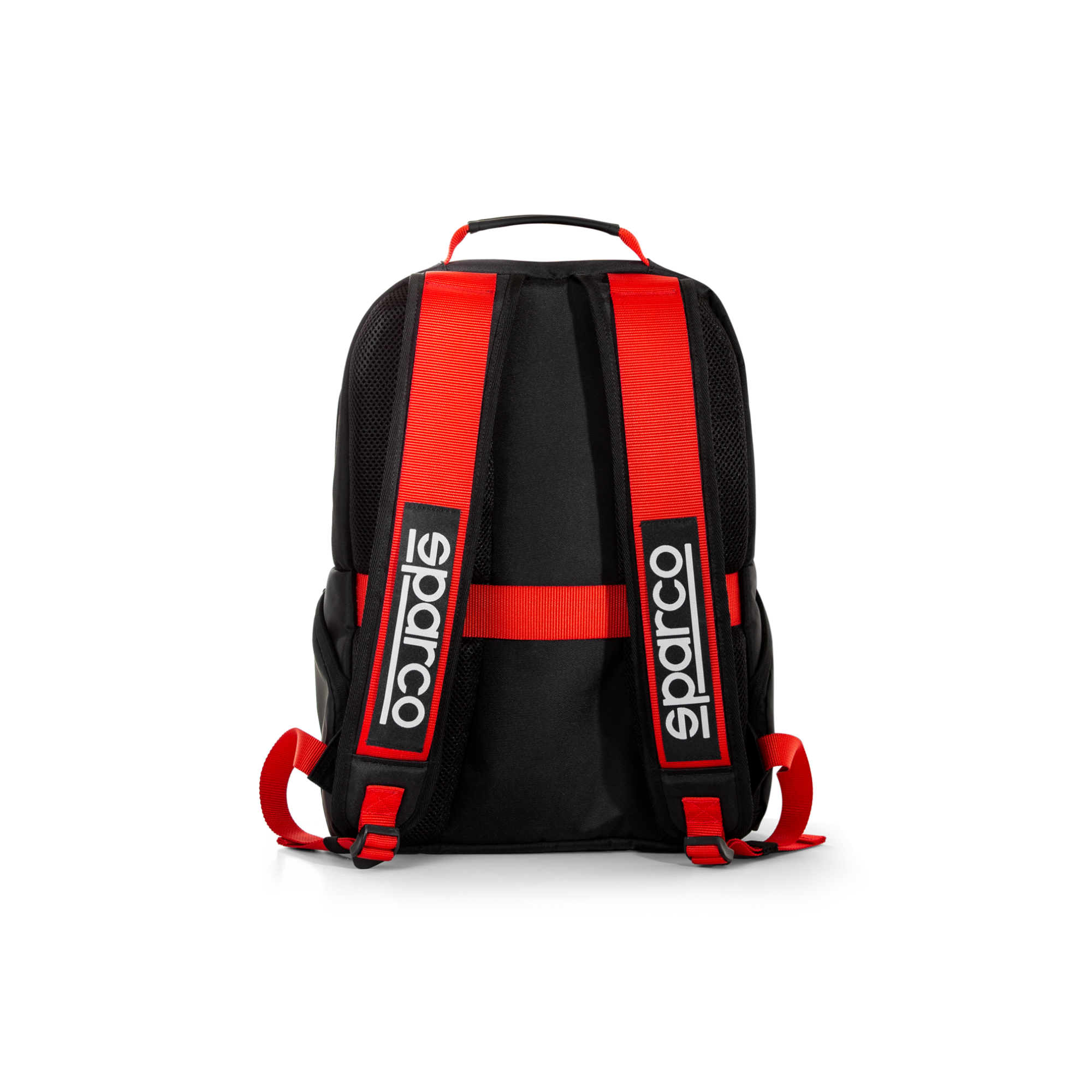 The back of the black Sparco Stage Backpack from Sparco with red accents.