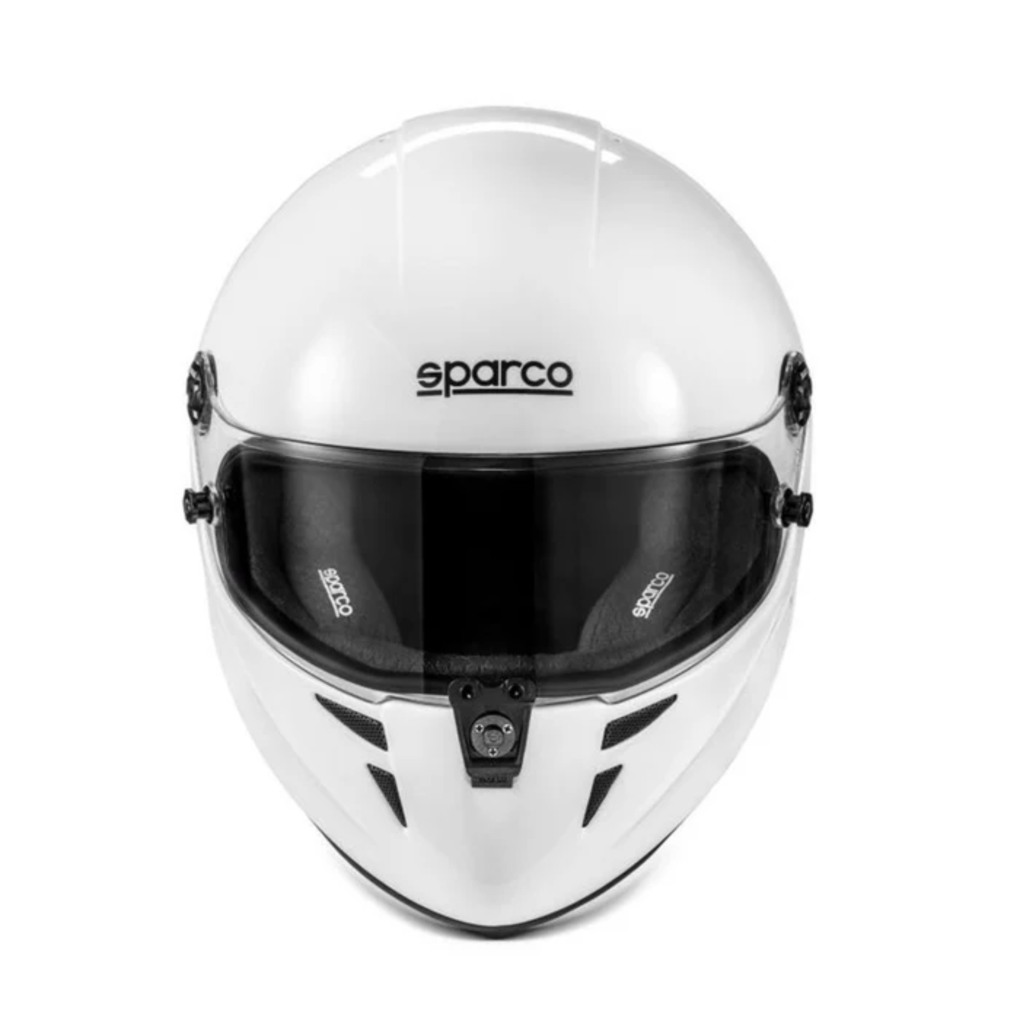 The white and black Sparco Stealth KF Karting Helmet from Sparco from the front.