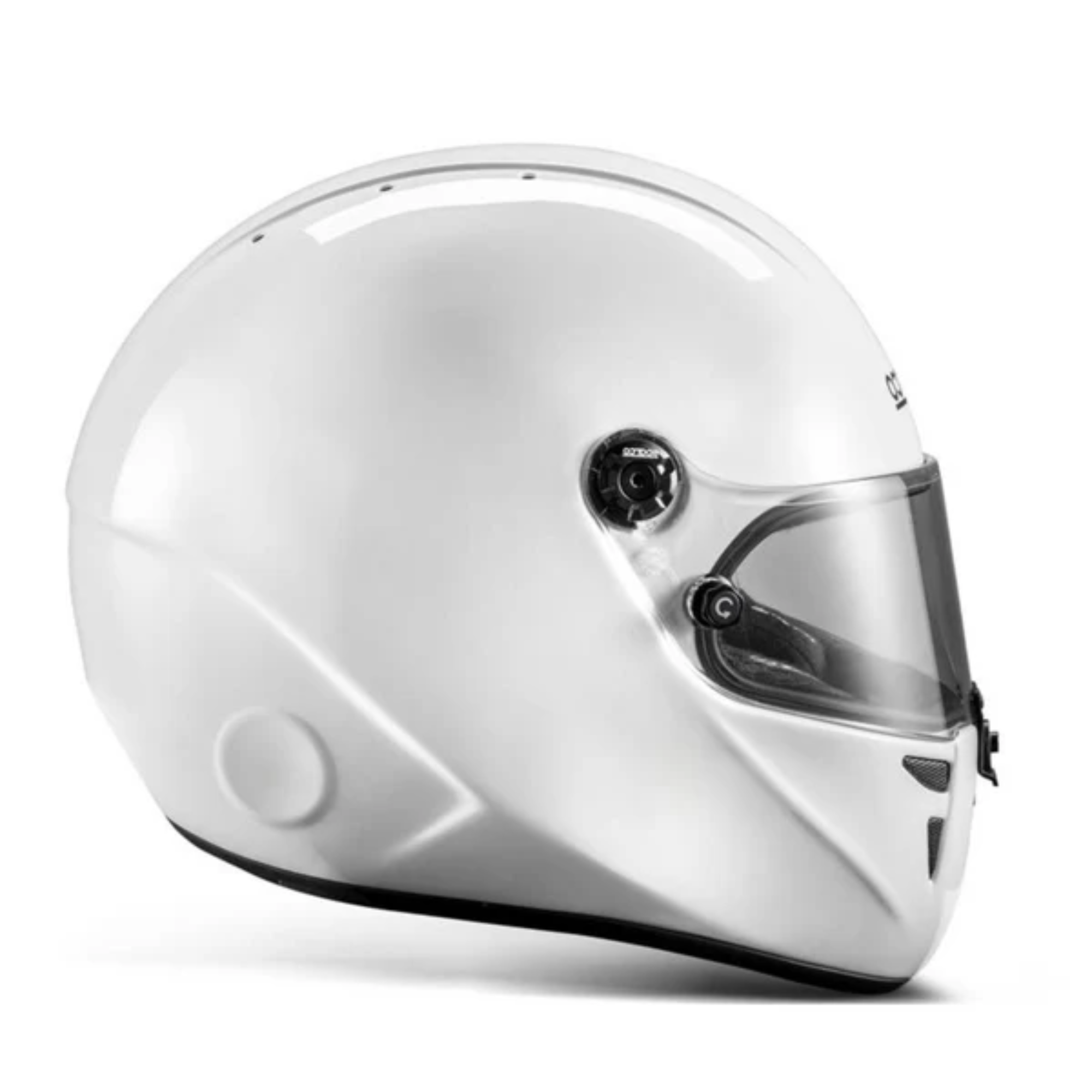 The white and black Sparco Stealth KF Karting Helmet from Sparco from the side.