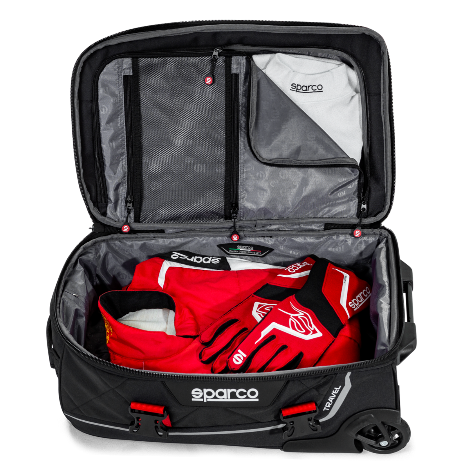 The black Sparco Travel Bag from Sparco with red accents open showing the internal storage.