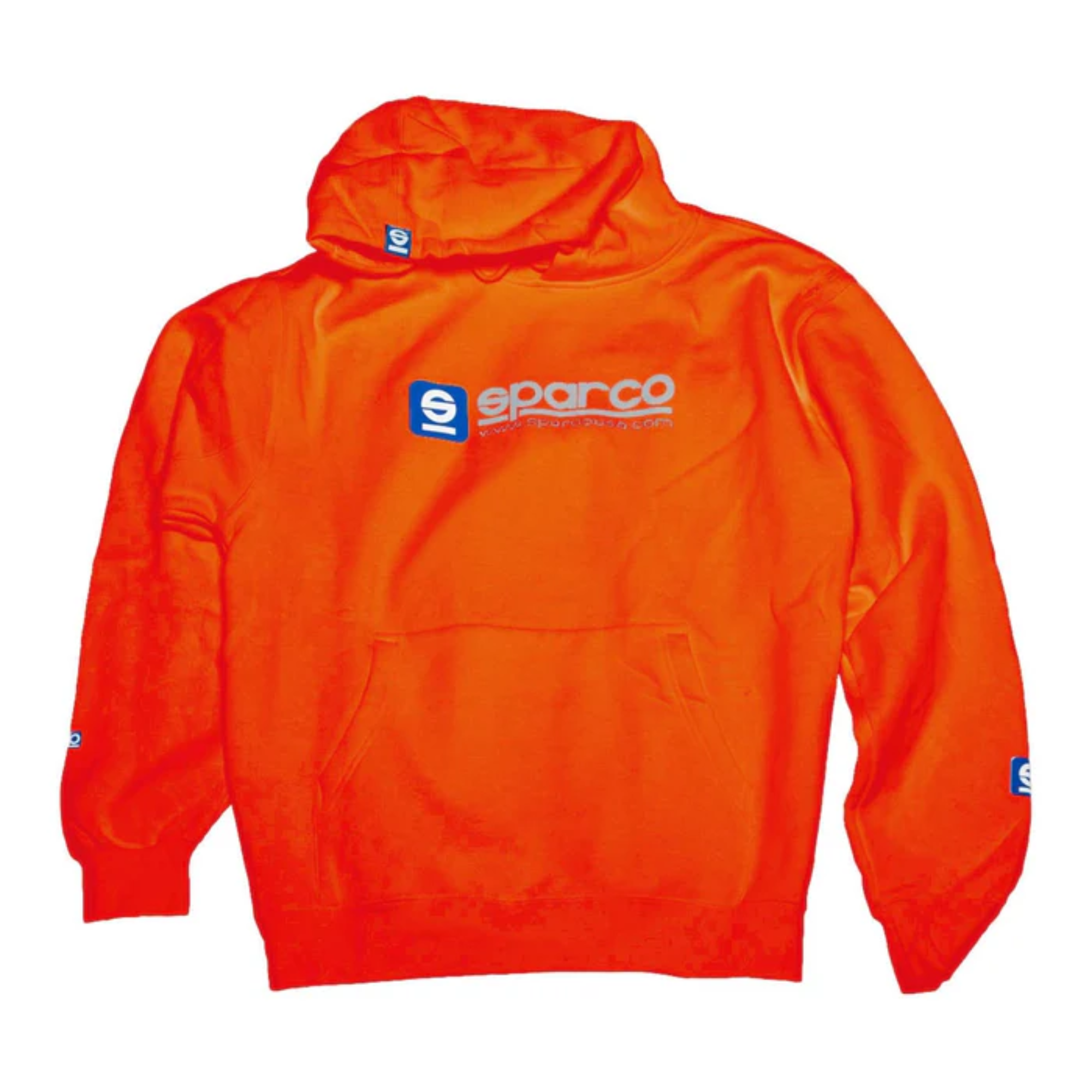 The front of the orange Sparco WWW Hooded Sweatshirt from Sparco.